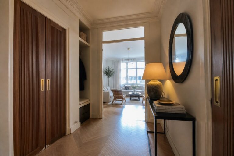 20 Polished Interior Luxury Doors With Full-Height Panels Interior hallway with tall brown wood doors featuring vertical panels and gold handles, a narrow black console table holding a lamp and books, an arched mirror on the wall, and a view into a living room through an open doorway.