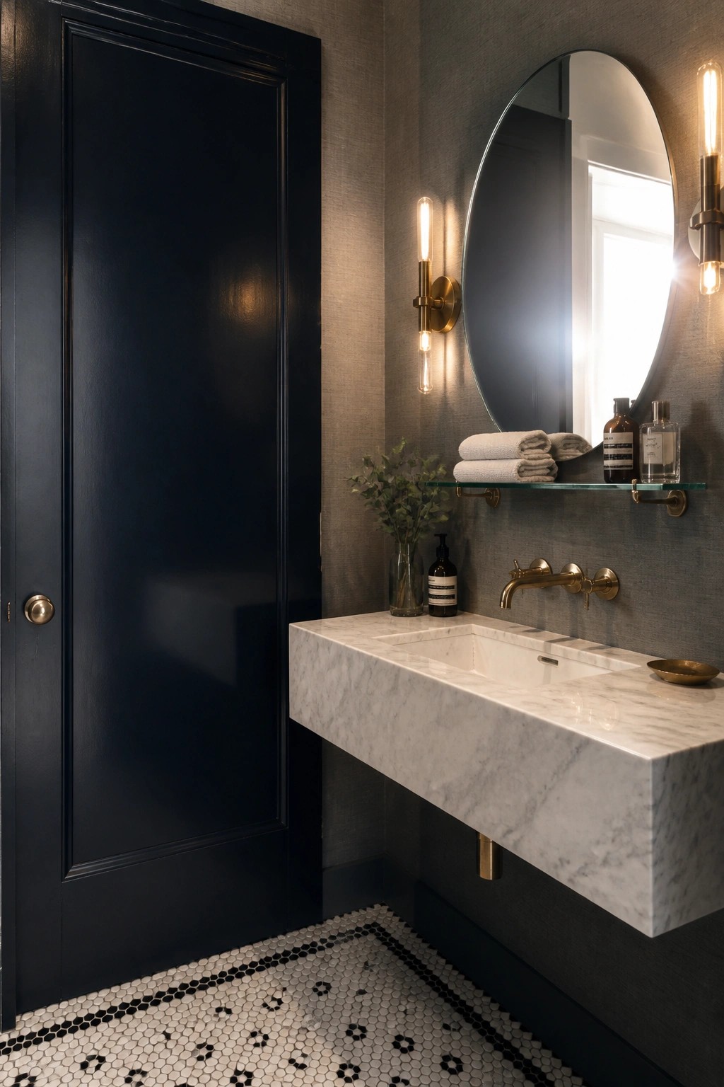 A bathroom interior featuring a black full-height paneled door beside a white marble floating vanity with a round mirror and brass fixtures.