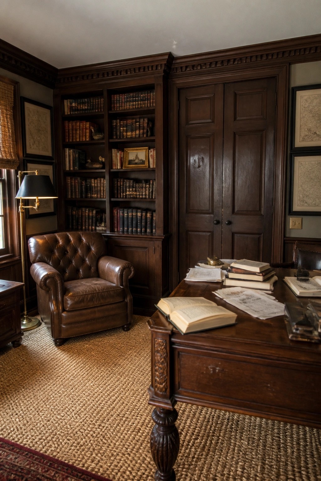 Dark wood study with leather armchair, bookshelves, double doors, and cluttered desk.