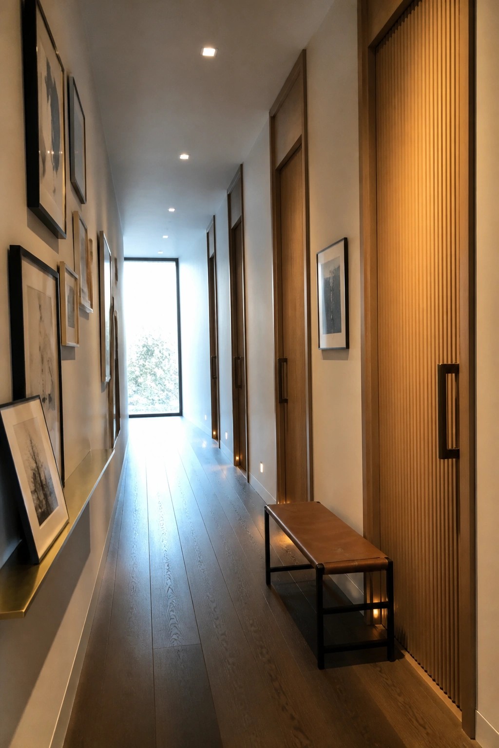 A narrow interior hallway with light wood flooring, several full-height wood doors featuring vertical paneling, framed artwork on both walls, recessed ceiling lights, and a leather bench on the right.