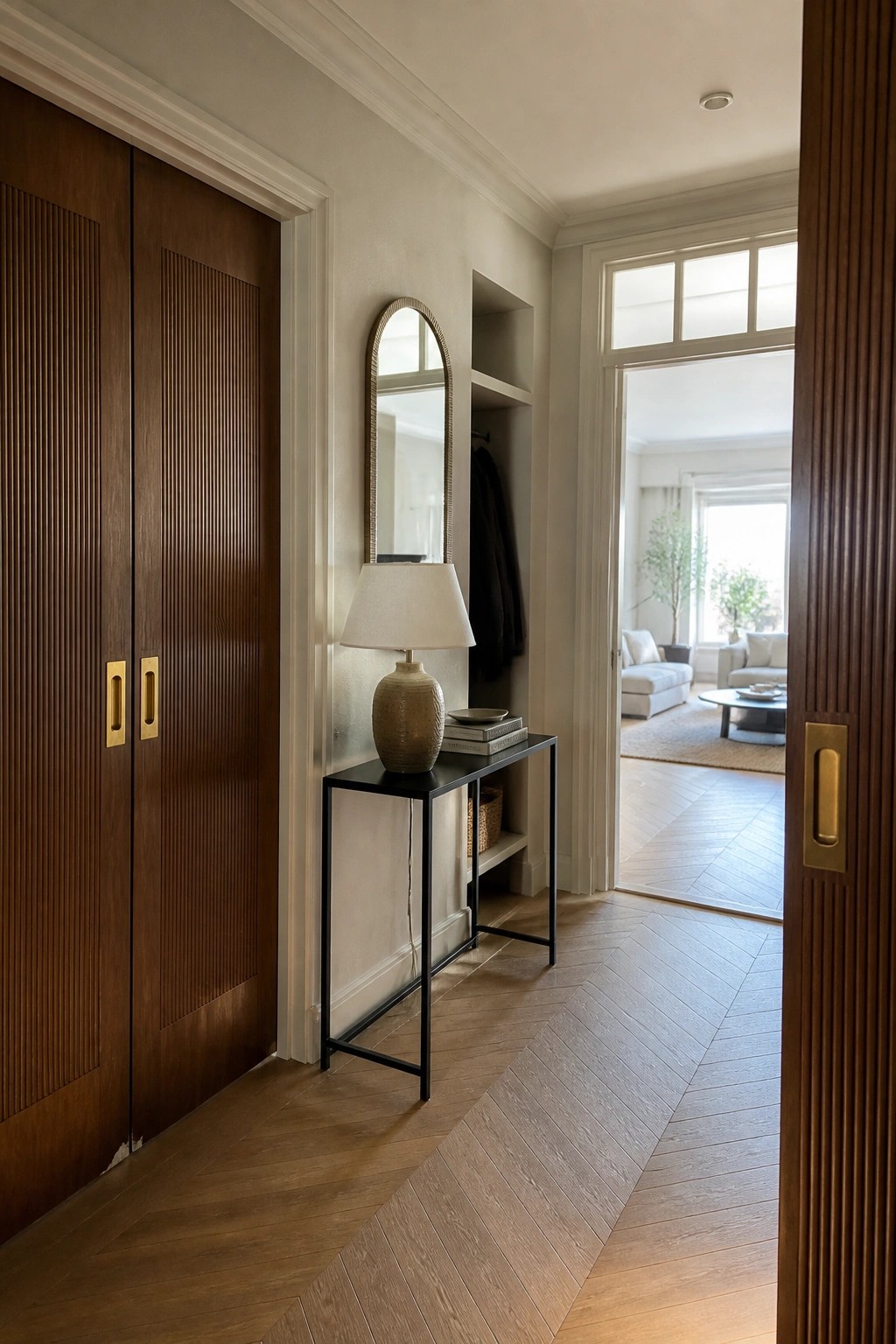 Interior hallway with tall brown wood doors featuring vertical panels and gold handles, a narrow black console table holding a lamp and books, an arched mirror on the wall, and a view into a living room through an open doorway.