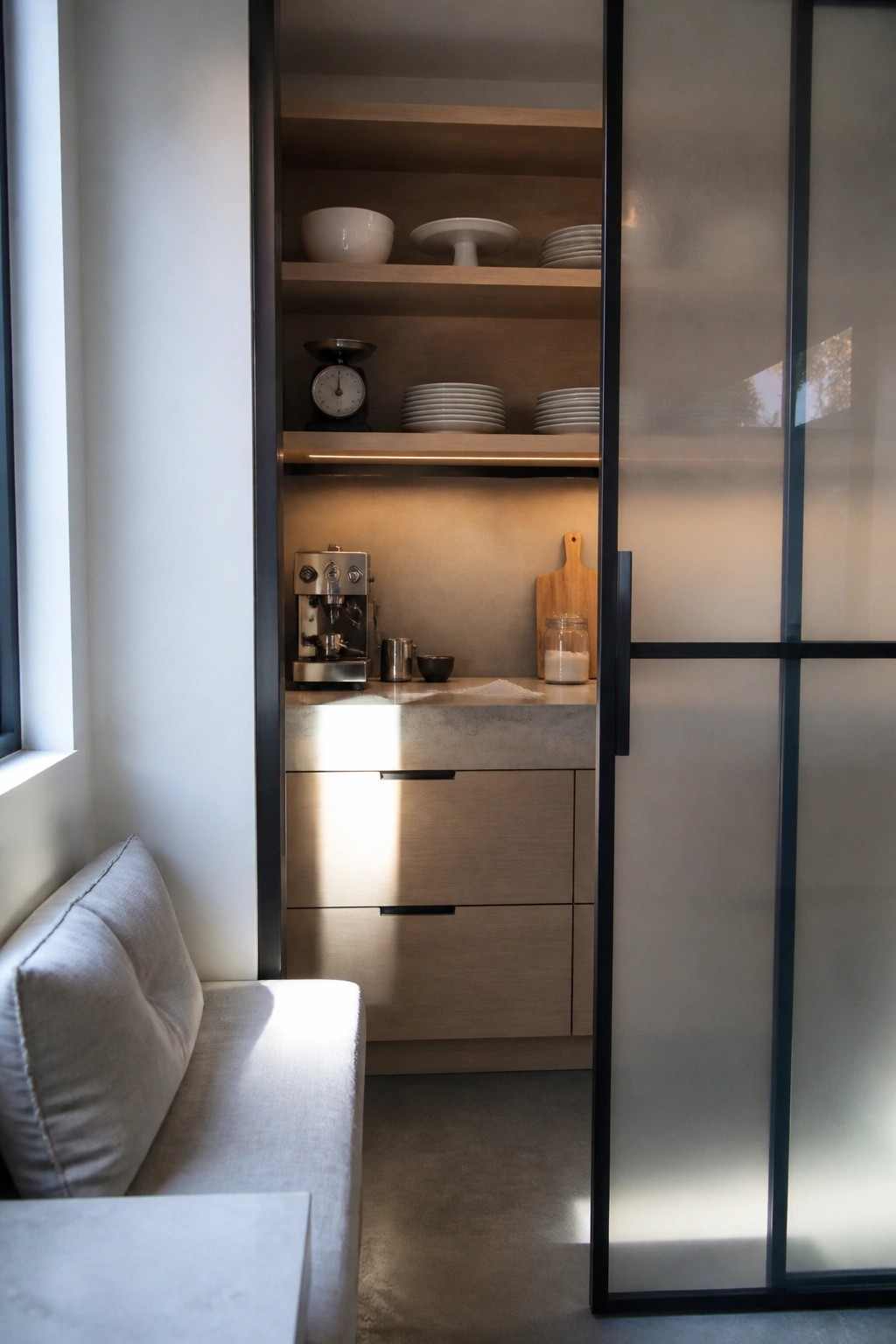 Interior view of a recessed built-in area with open wooden shelves, a coffee machine on a stone counter, and drawers below, enclosed by a tall black-framed glass door.