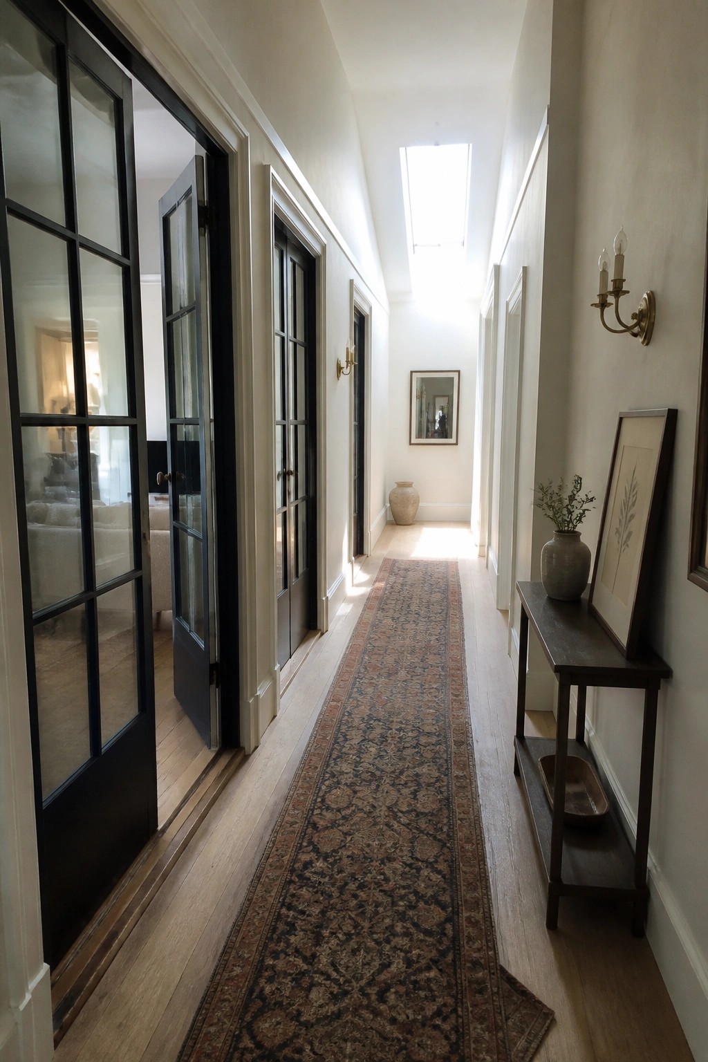 A long interior hallway with light walls, wood flooring, a patterned runner rug, and multiple black-framed glass doors with divided panels along the left side.
