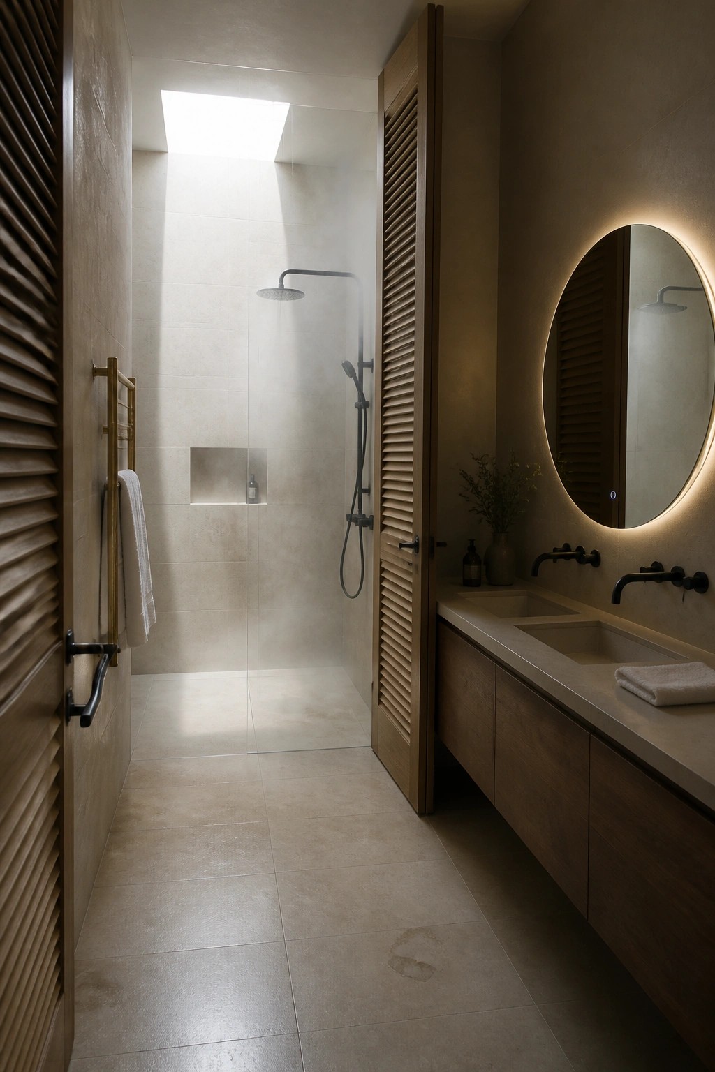 A modern bathroom with a walk-in shower behind a tall wooden louvered door and a long floating vanity with two sinks and a round backlit mirror on the right side.