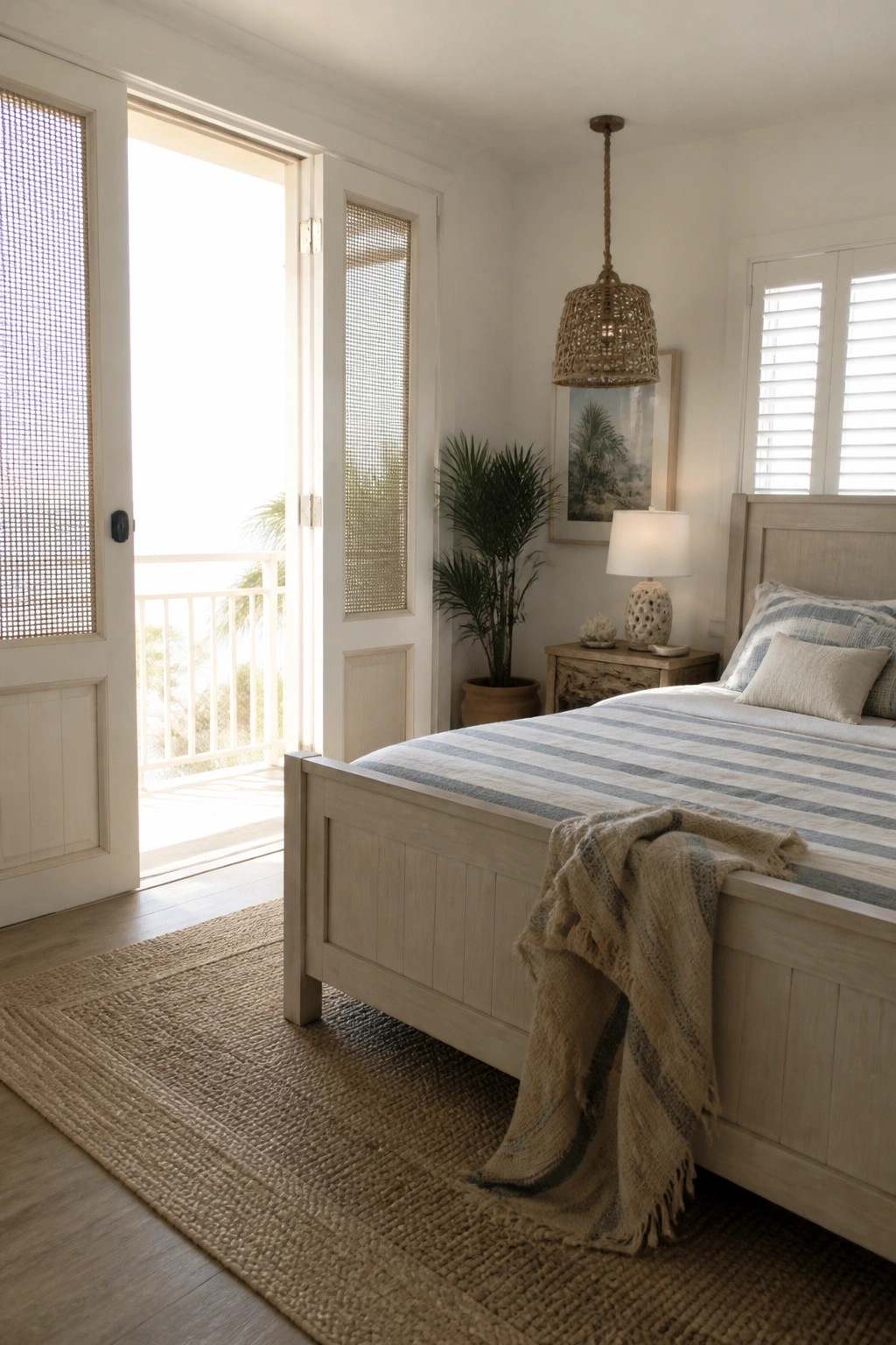 A bright bedroom with a light wood bed, striped bedding, and open white full-height paneled doors leading to a balcony.