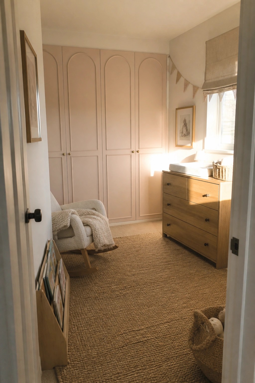 A room with tall built-in cabinets featuring arched upper panels and lower rectangular panels in a soft pink finish, next to a wooden dresser under a window.