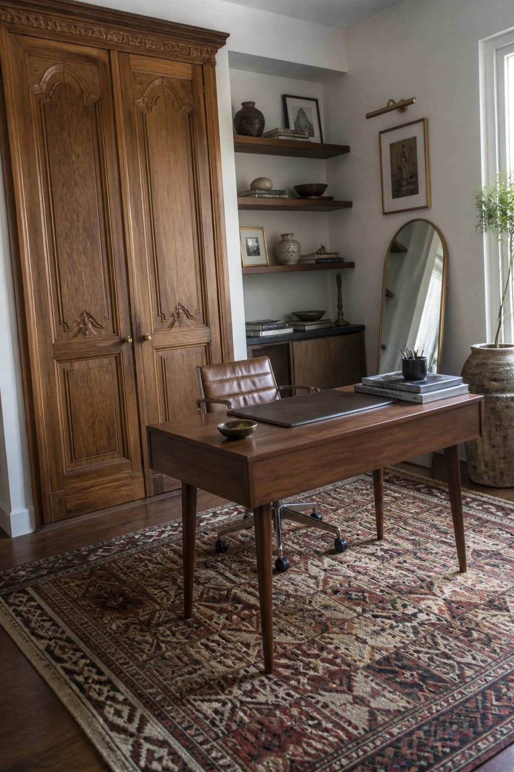 A tall wooden wardrobe with full-height paneled doors stands beside built-in shelves in a home office with a wooden desk and patterned rug.