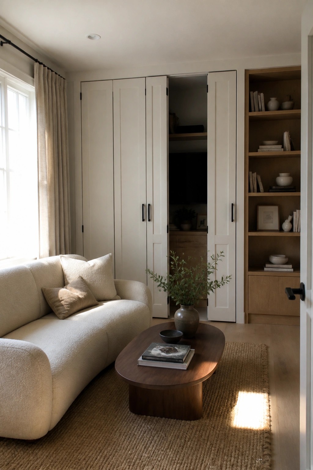 A living room featuring tall white full-height paneled doors integrated into built-in cabinetry beside open wooden shelves, with a curved sofa and oval coffee table in the foreground.