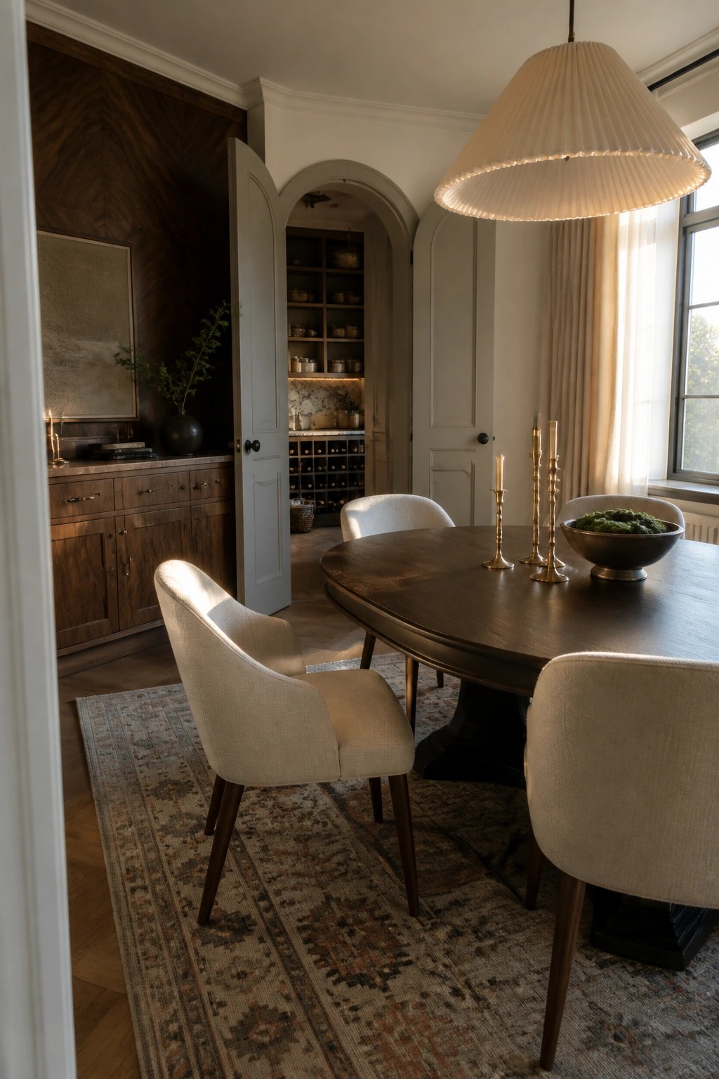 A dining room with a dark oval table, upholstered chairs, and open full-height paneled doors revealing built-in shelves and wine storage.