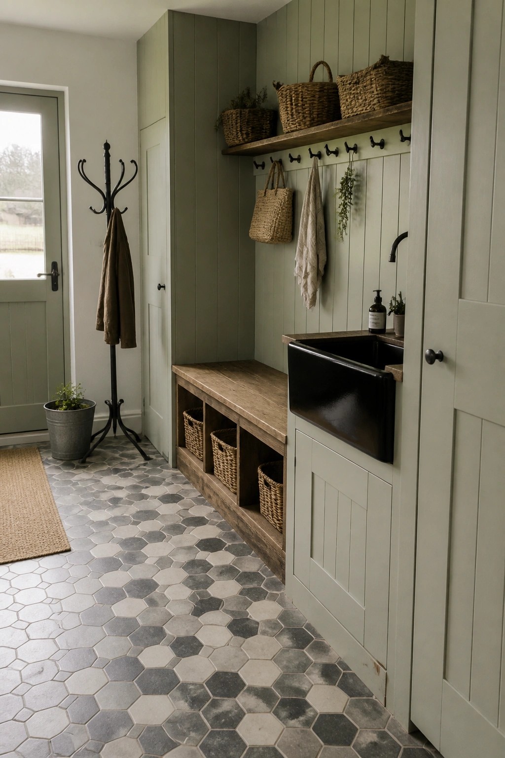 Rustic mudroom with green walls, black sink, wooden bench, and hexagonal tiles.