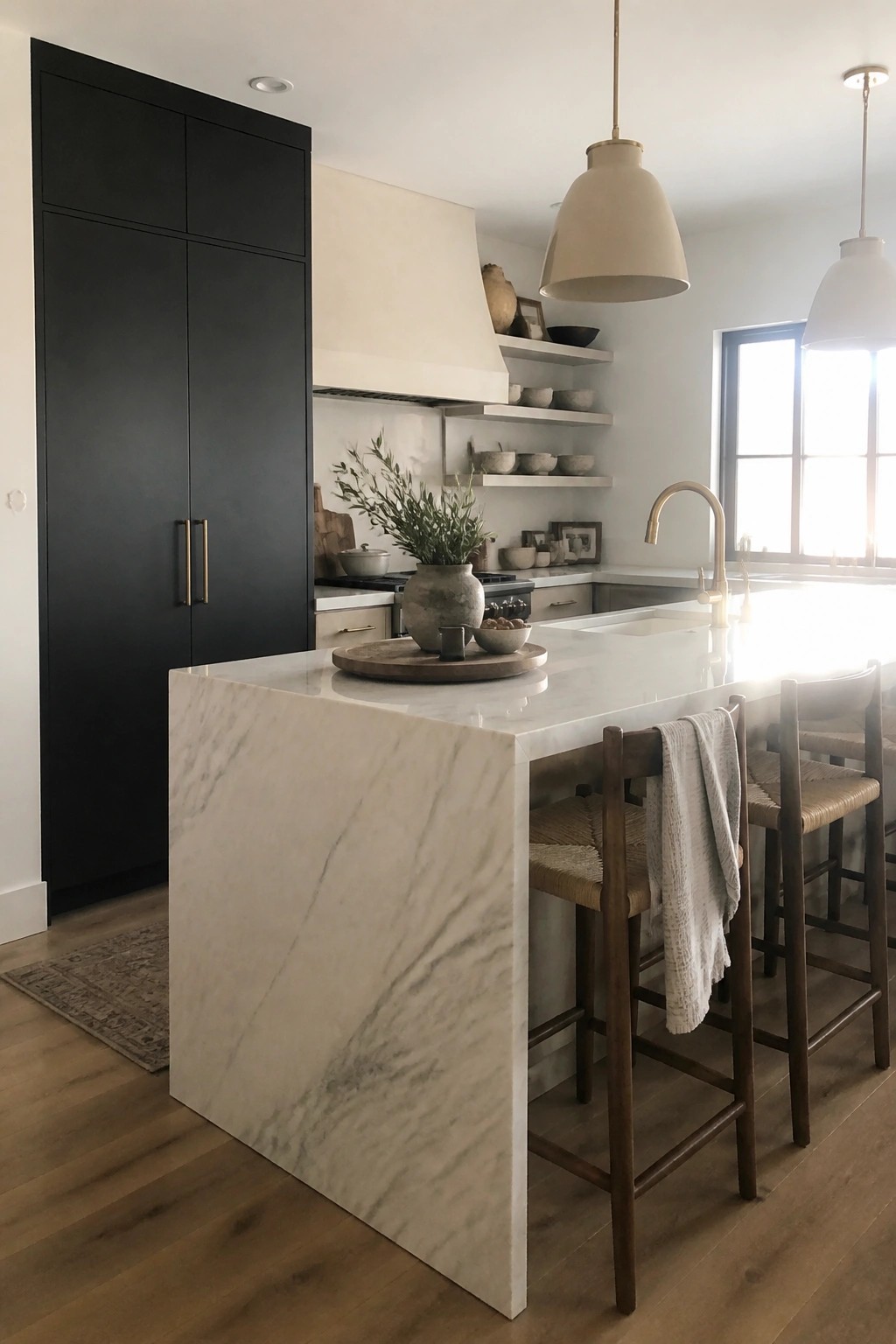 A modern kitchen with tall black full-height cabinet doors on the left, a white marble island, and wooden bar stools along one side.
