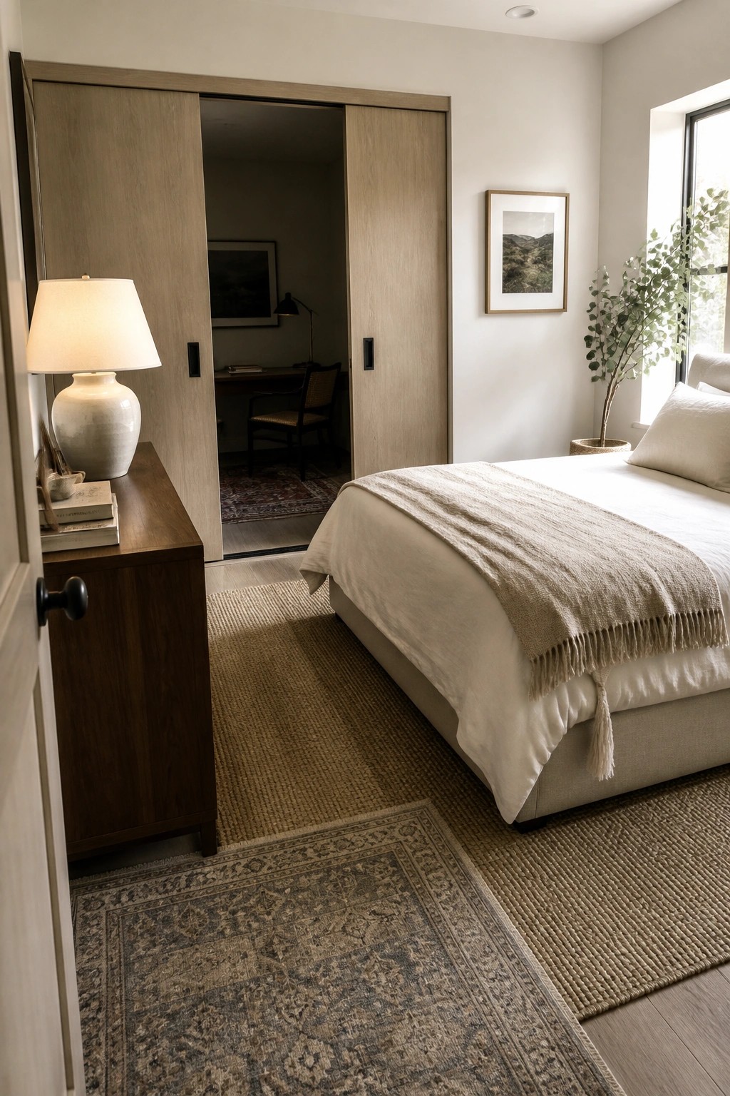 Minimalist bedroom with white bed, beige throw, wooden nightstand, and open closet office
