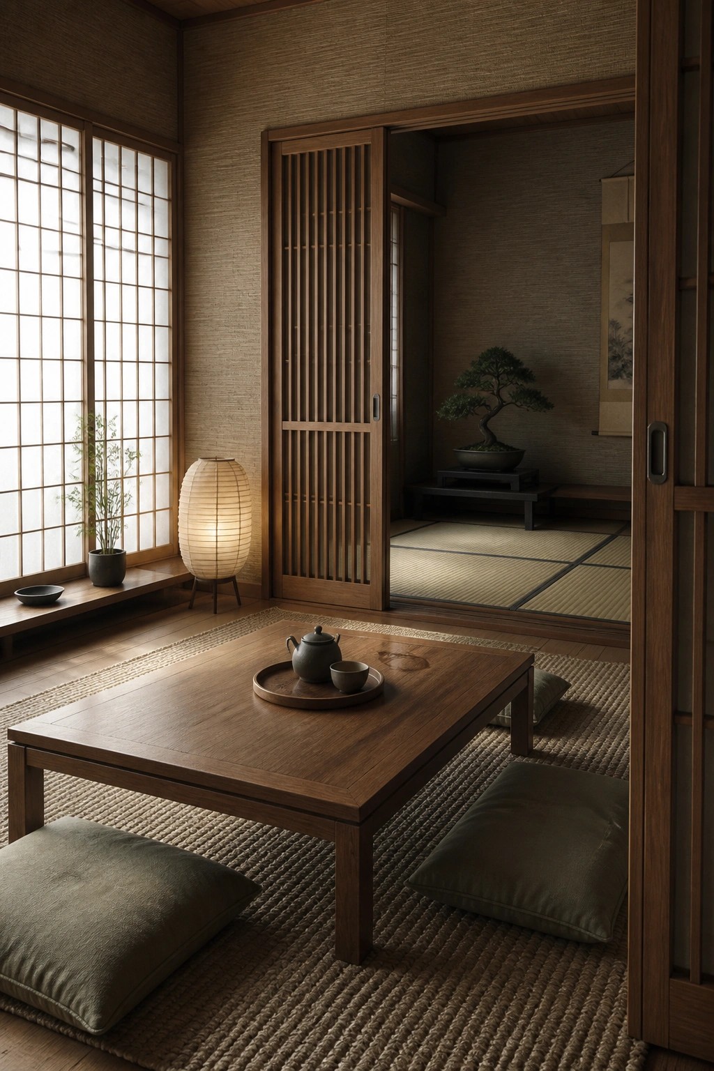 Traditional Japanese tatami room with low wooden table, tea set, cushions, and shoji screens.