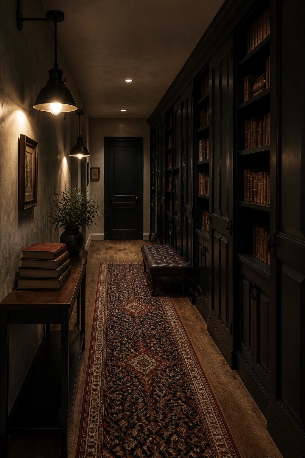 A narrow interior hallway with dark wood built-in bookshelves along the right wall, a black full-height paneled door at the end, a patterned runner on the floor, and a wooden console table with stacked books on the left.