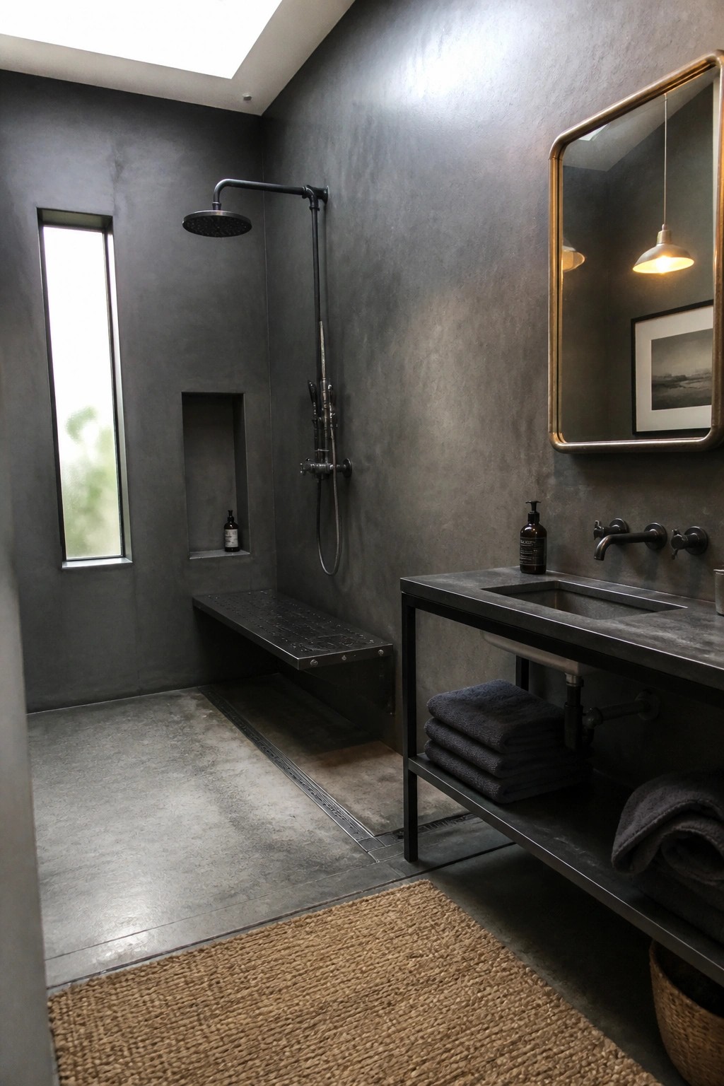 A modern bathroom interior with a curbless concrete shower area featuring a rainfall showerhead, wall-mounted controls, built-in bench, and adjacent dark concrete vanity with folded towels on the shelf.
