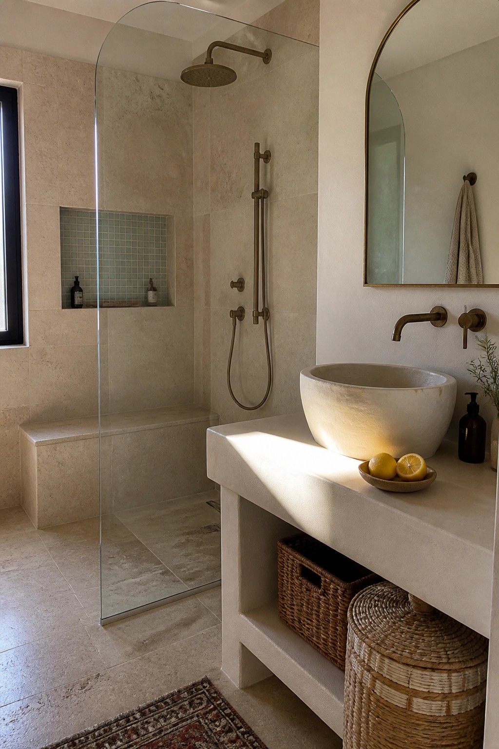A bathroom interior showing a curbless walk-in shower with beige stone tiles, a glass partition, built-in bench, and an adjacent concrete vanity with a stone vessel sink.