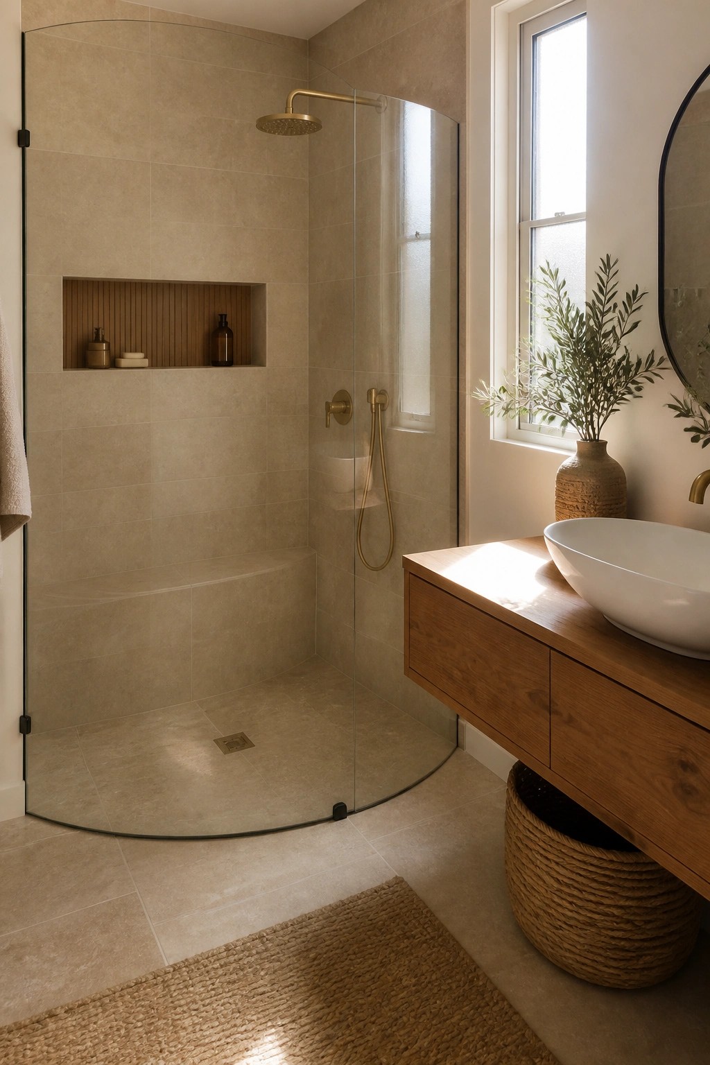 A curved glass shower enclosure with beige tiles, a recessed wooden niche, and a continuous tiled floor leading into the shower area next to a wooden vanity.