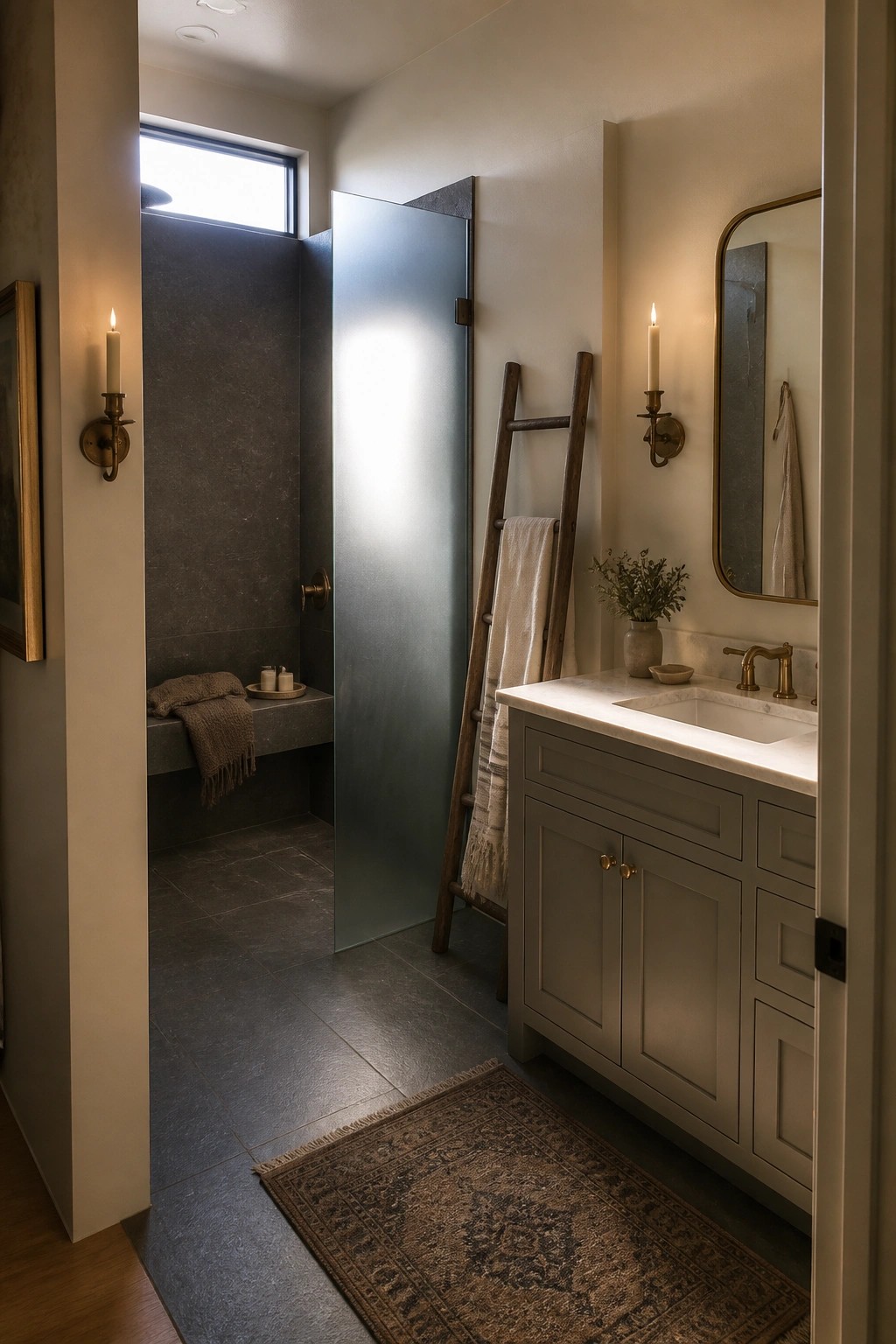 A bathroom interior with a curbless walk-in shower enclosed by a frosted glass panel, dark gray tiled walls and floor, a wooden ladder holding towels, and an adjacent vanity with marble top and brass fixtures.