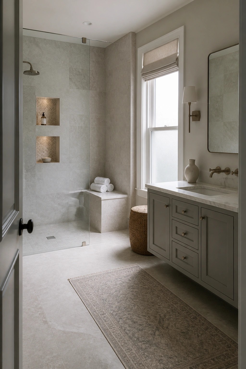 A bathroom interior showing a curbless walk-in shower with gray tiles, built-in niches, and a bench, next to a gray vanity with a marble top and a window between them.