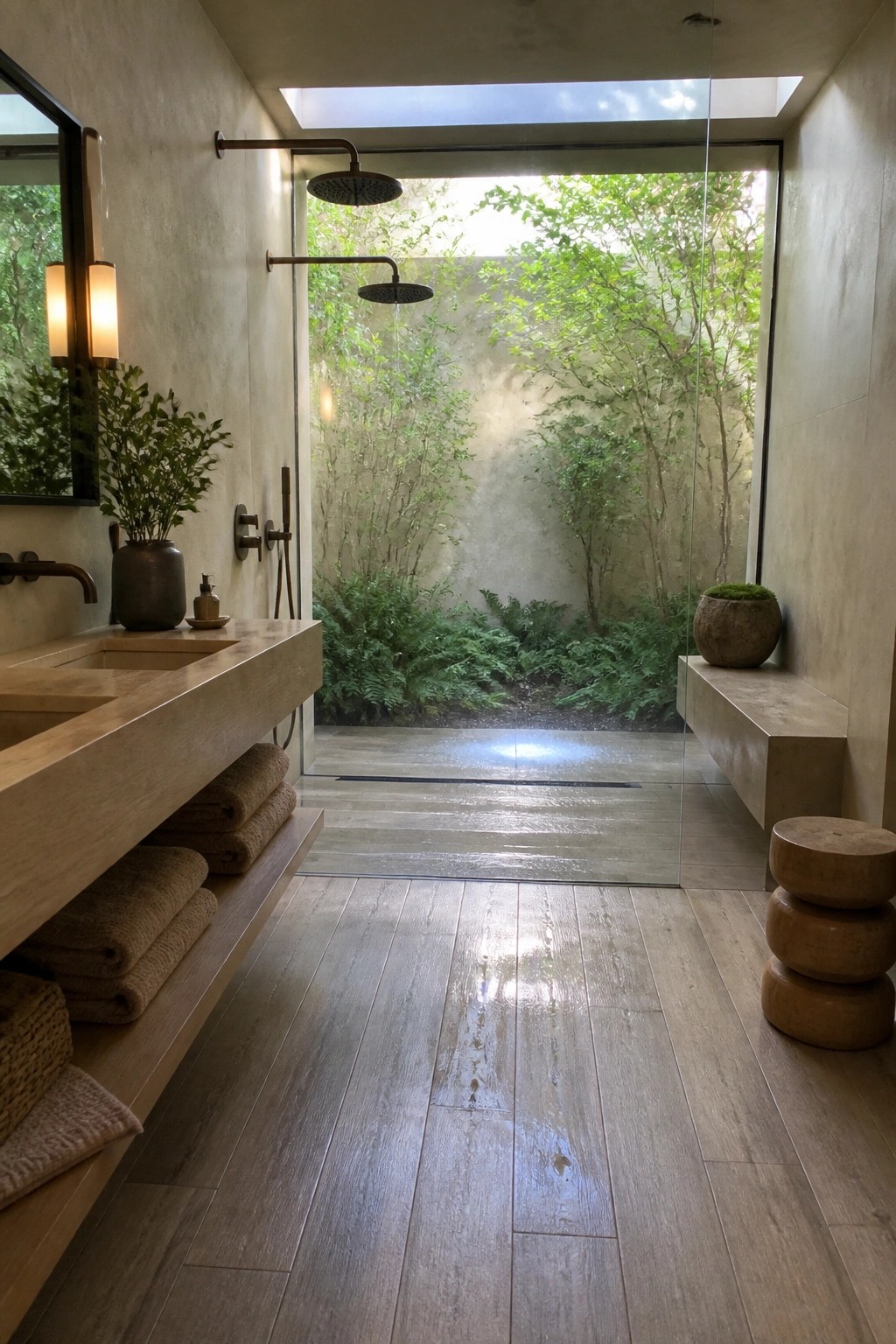 Modern bathroom with wood vanity, towels, and open shower to lush garden