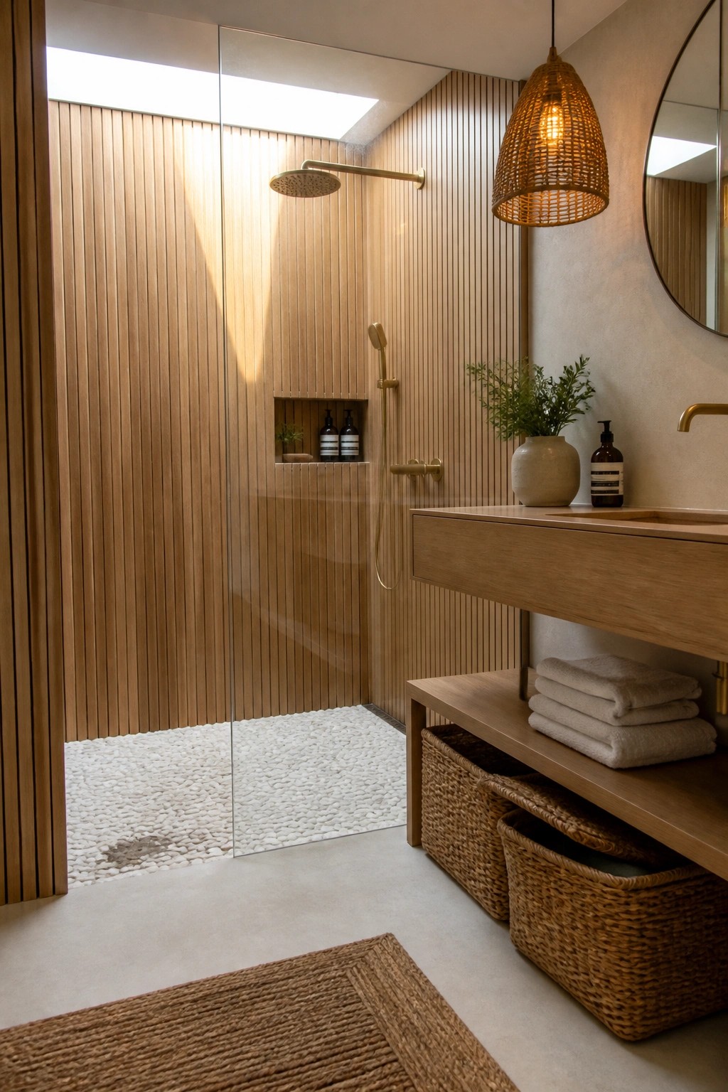 A modern bathroom with a curbless glass shower featuring a white pebble stone floor, vertical wood wall slats, a recessed niche, and a floating wood vanity.
