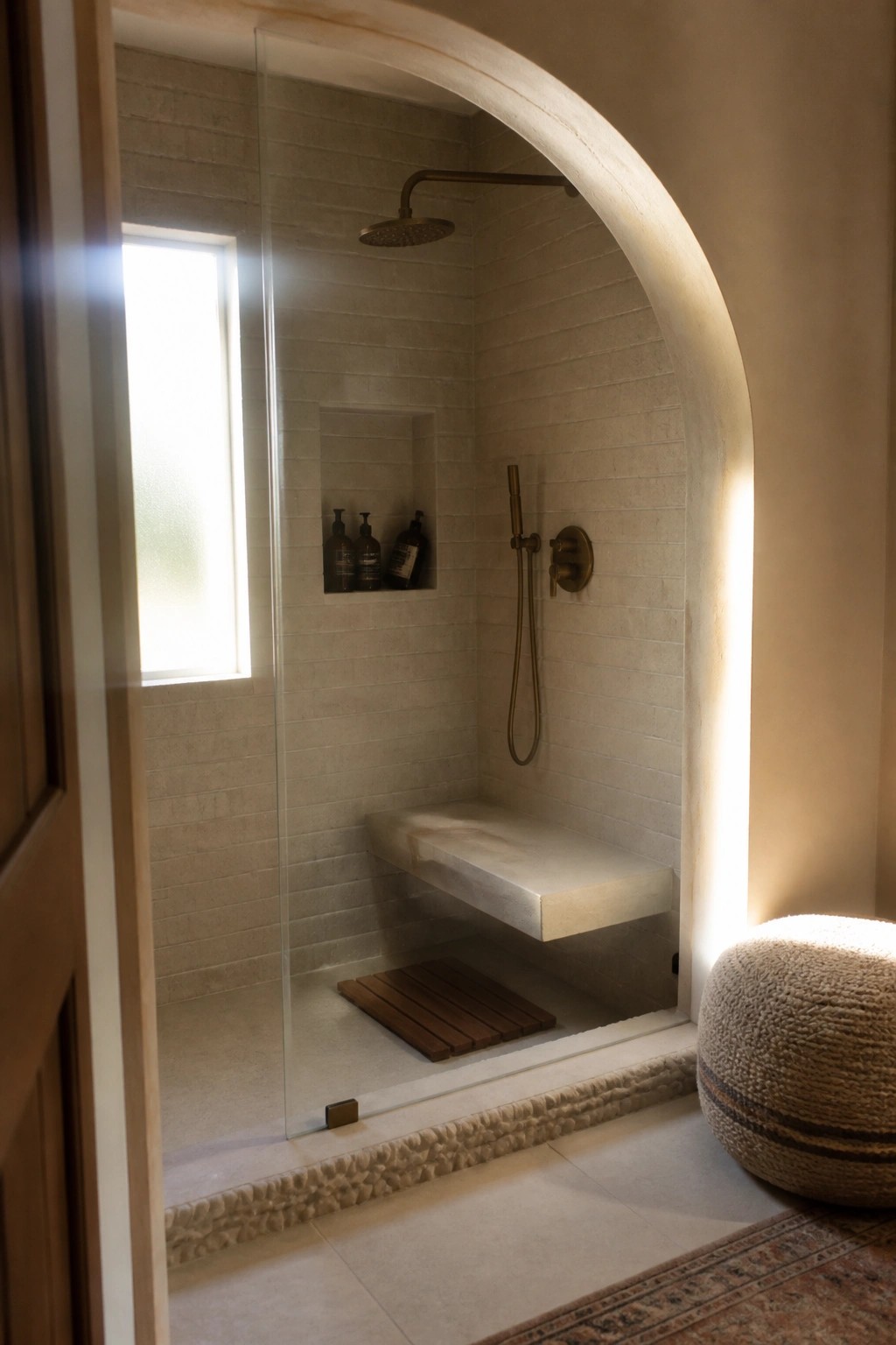 Arched beige-tiled shower with glass door, stone bench, brass fixtures, and woven pouf.
