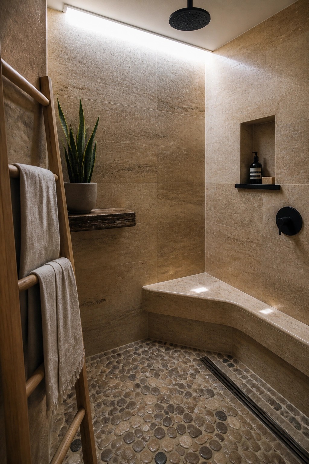 A modern shower with large beige travertine tiles on the walls, a curved matching stone bench, pebble mosaic flooring, and a black rain showerhead.