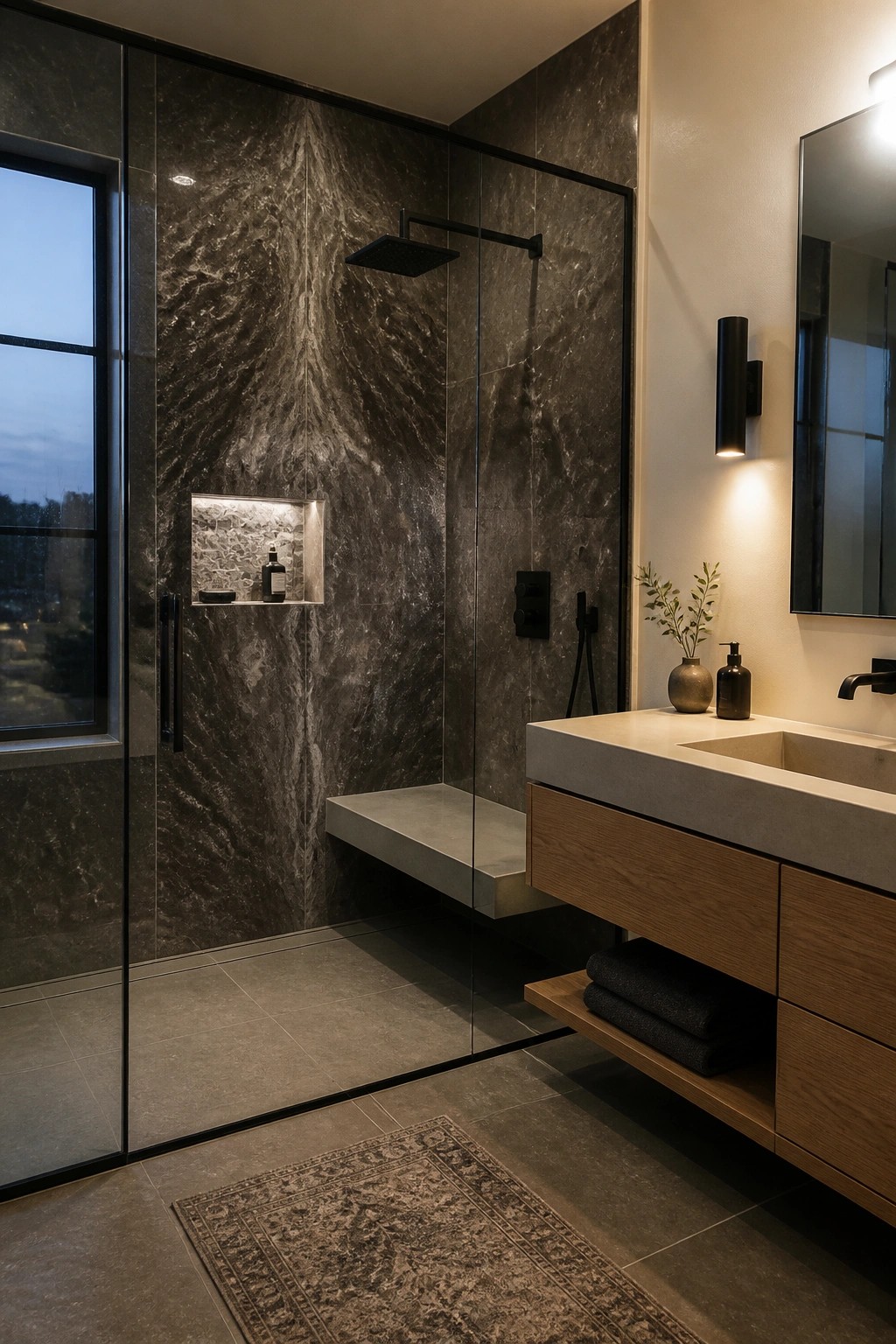 A modern bathroom with a glass shower enclosure featuring dark veined stone walls, a floating concrete bench, an illuminated niche, and black fixtures next to a wood vanity with a concrete sink.