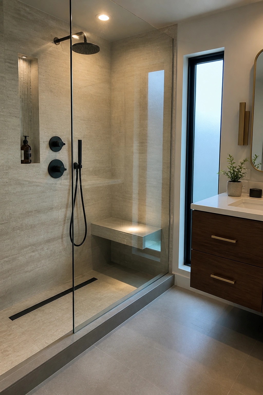 A modern walk-in shower with beige travertine tiles, black fixtures, a glass door, and a built-in stone bench.