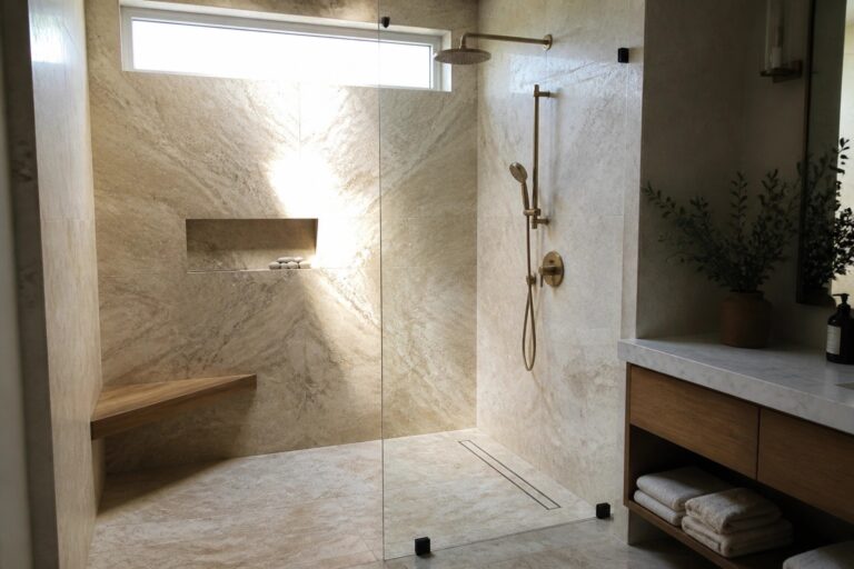 20 Serene Luxury Shower Ideas Using Travertine and Natural Stone A walk-in shower with large beige travertine tiles, a wooden built-in bench, a glass enclosure, and brass shower fixtures.