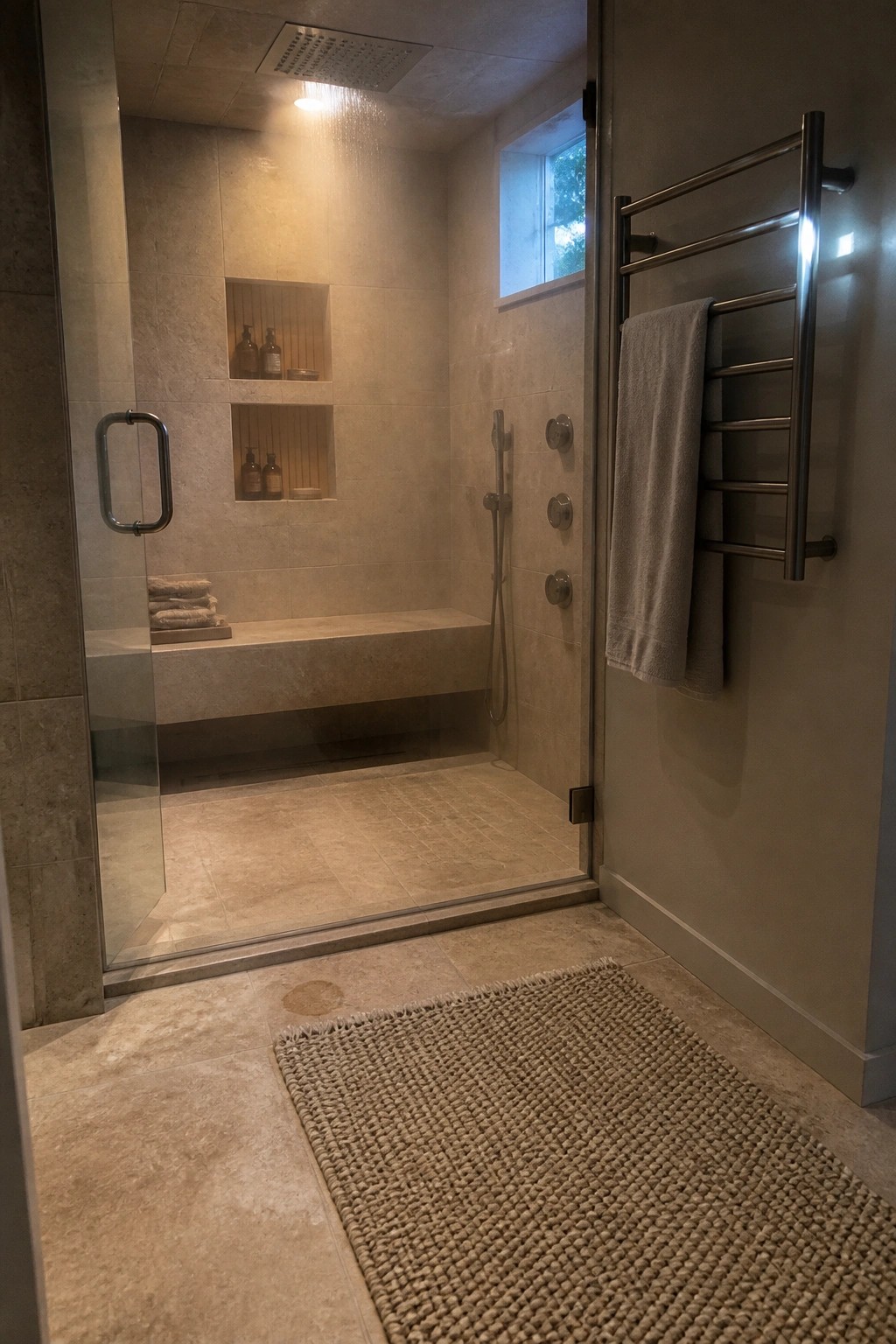 A modern walk-in shower lined with beige travertine tiles, showing a built-in bench, recessed niches, and a glass door.