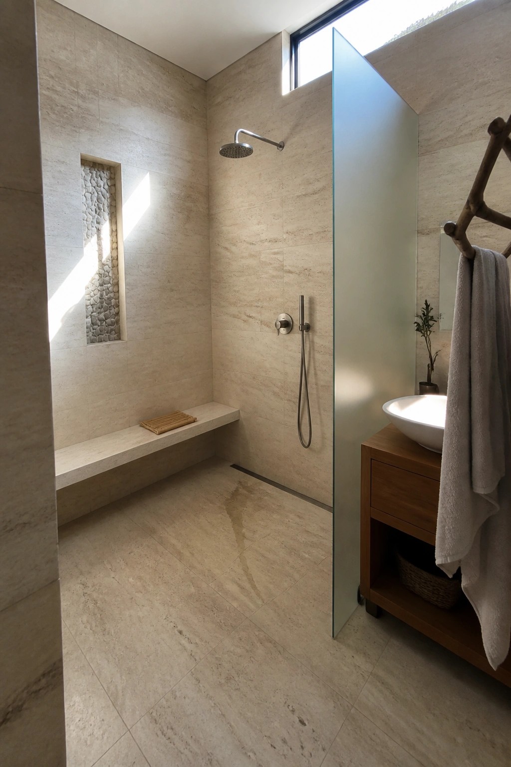 A travertine-tiled shower with a built-in bench, pebble niche, rain showerhead, and glass partition beside a wooden vanity with vessel sink.