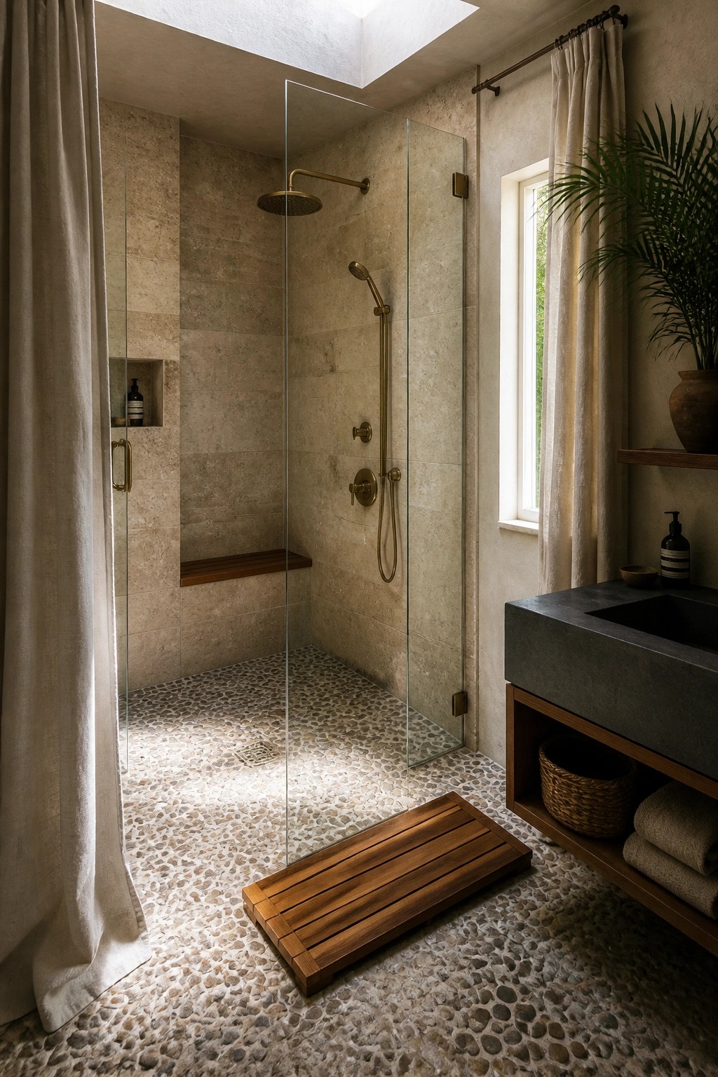 A shower enclosure with beige travertine walls, brass fixtures, a glass door, a built-in wooden bench, and a pebble mosaic floor, with a wooden bath mat outside the enclosure.