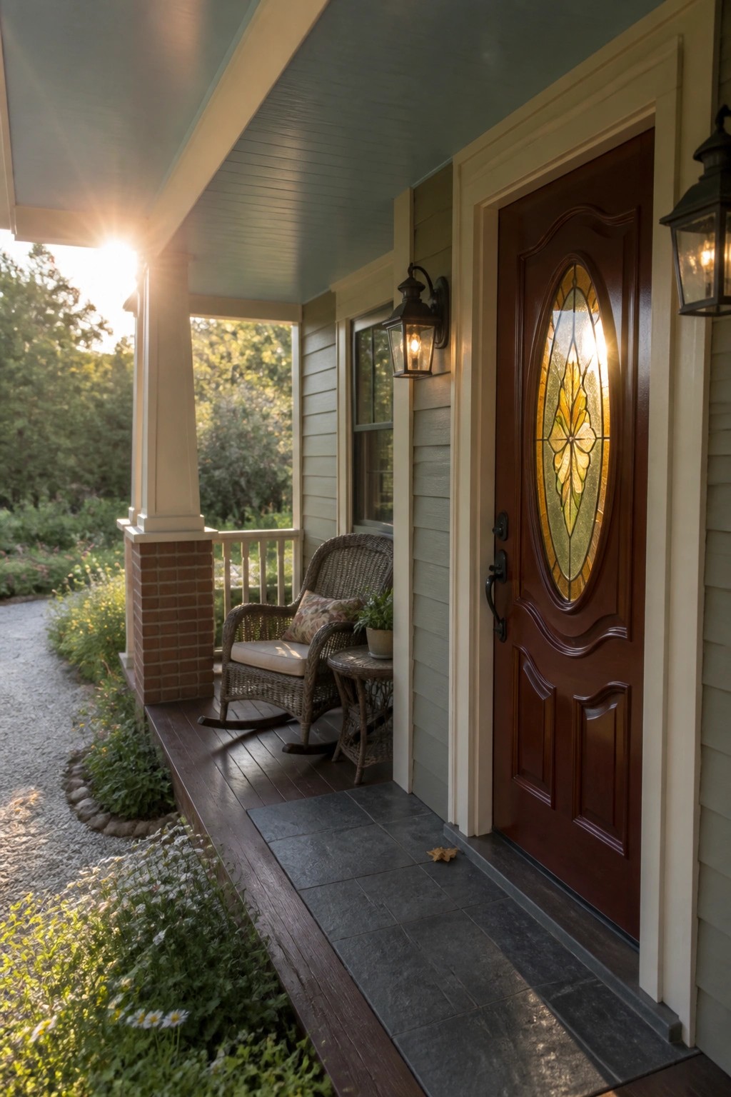 A front porch showing a dark brown wood door with an oval stained glass panel, a lit wall lantern, and a wicker rocking chair on the deck.