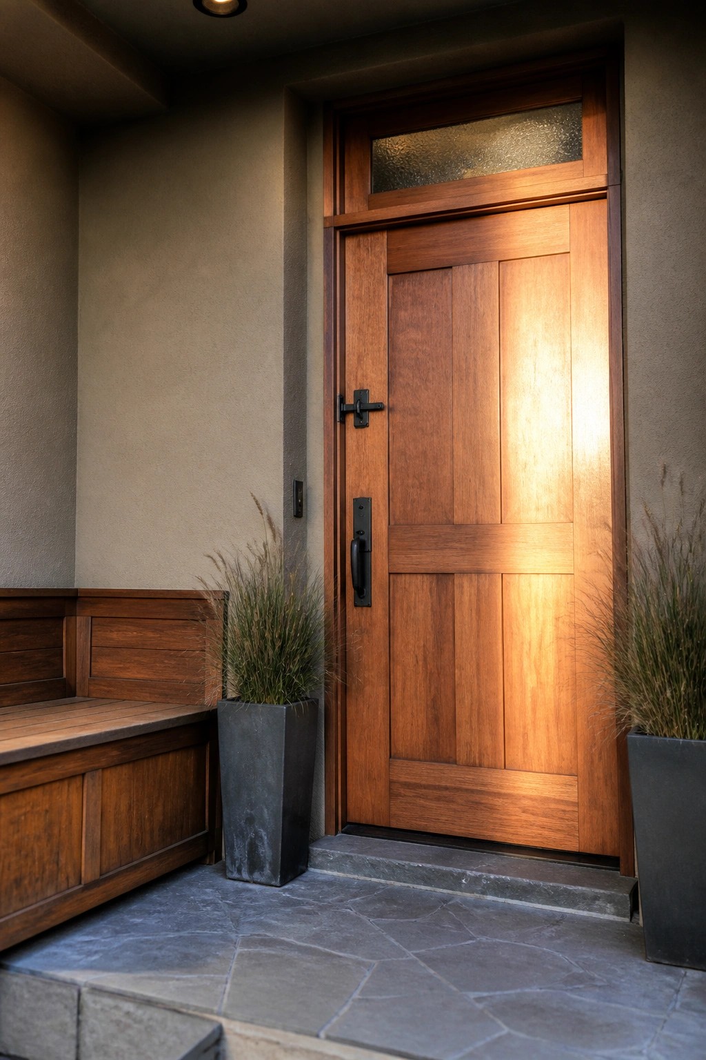 A wooden front door with vertical panels and black hardware on a stone threshold, flanked by two tall planters.