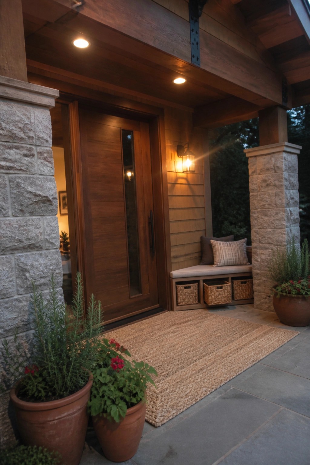 Wooden front door on stone porch with potted plants, woven rug, and cushioned bench