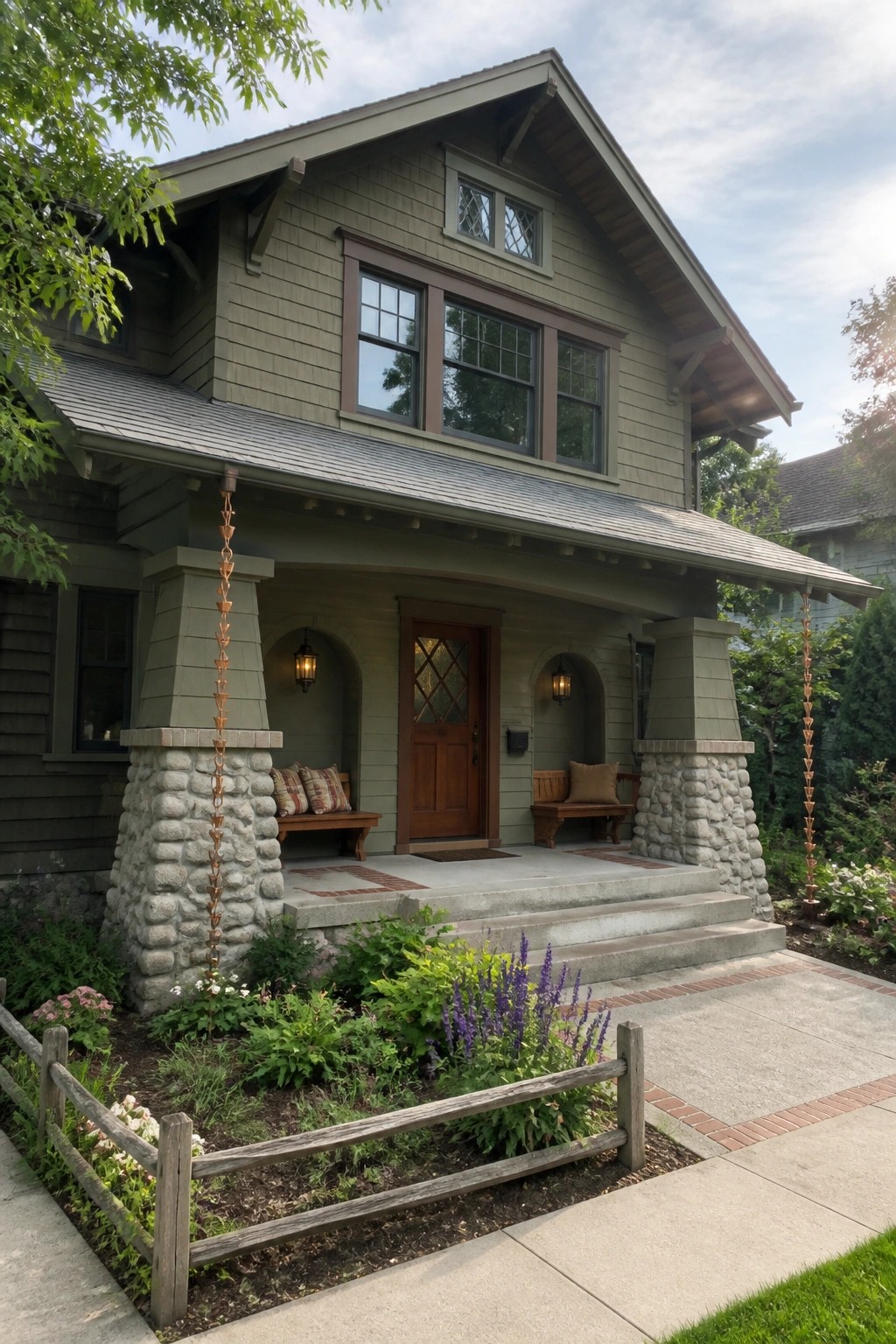 Craftsman house exterior showing a wooden front door with diamond-pattern glass panes, centered under a gabled porch supported by stone pillars.