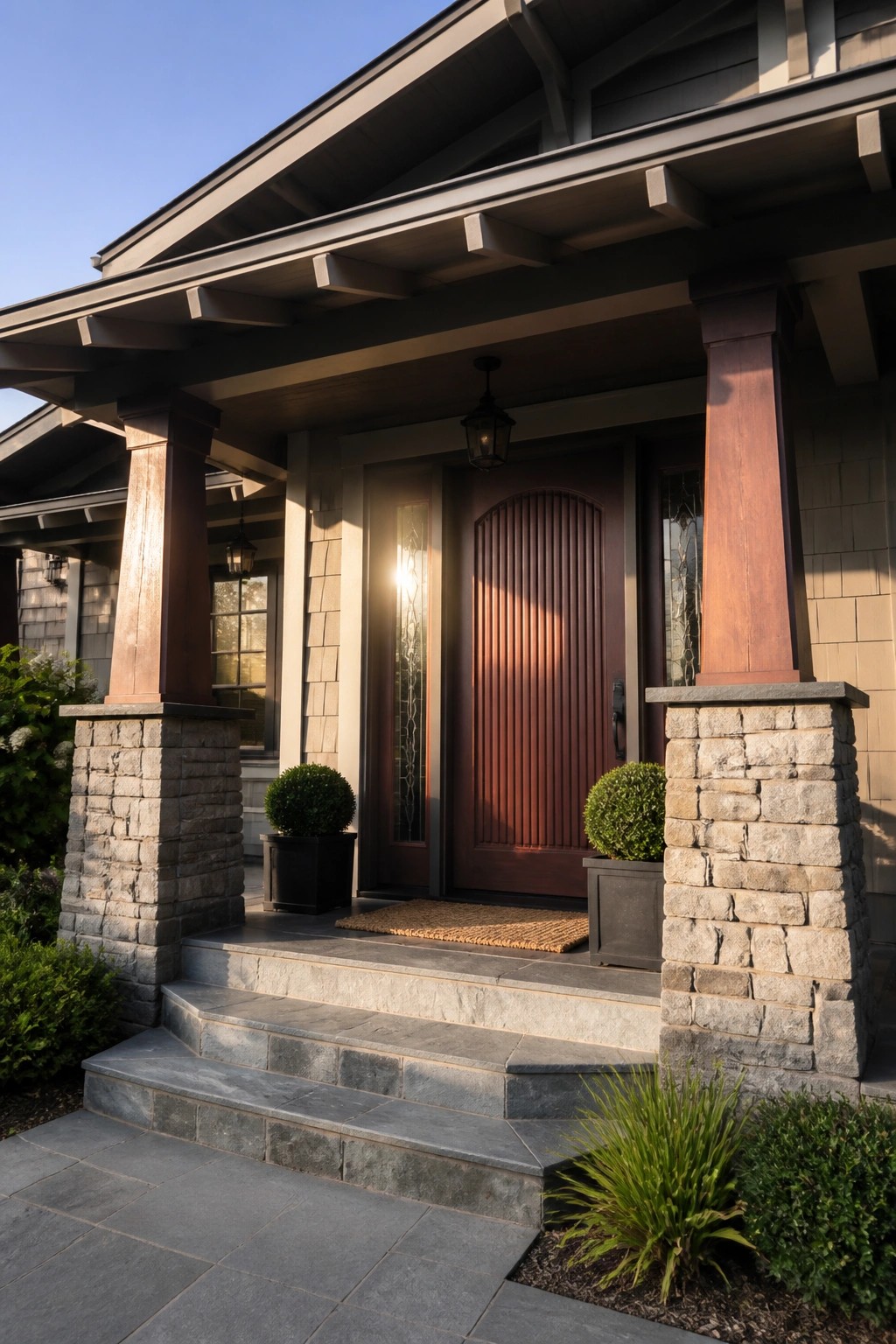A Craftsman style house entrance features a dark wood door with vertical grooves, sidelights, stone and wood columns, and steps leading to a covered porch.