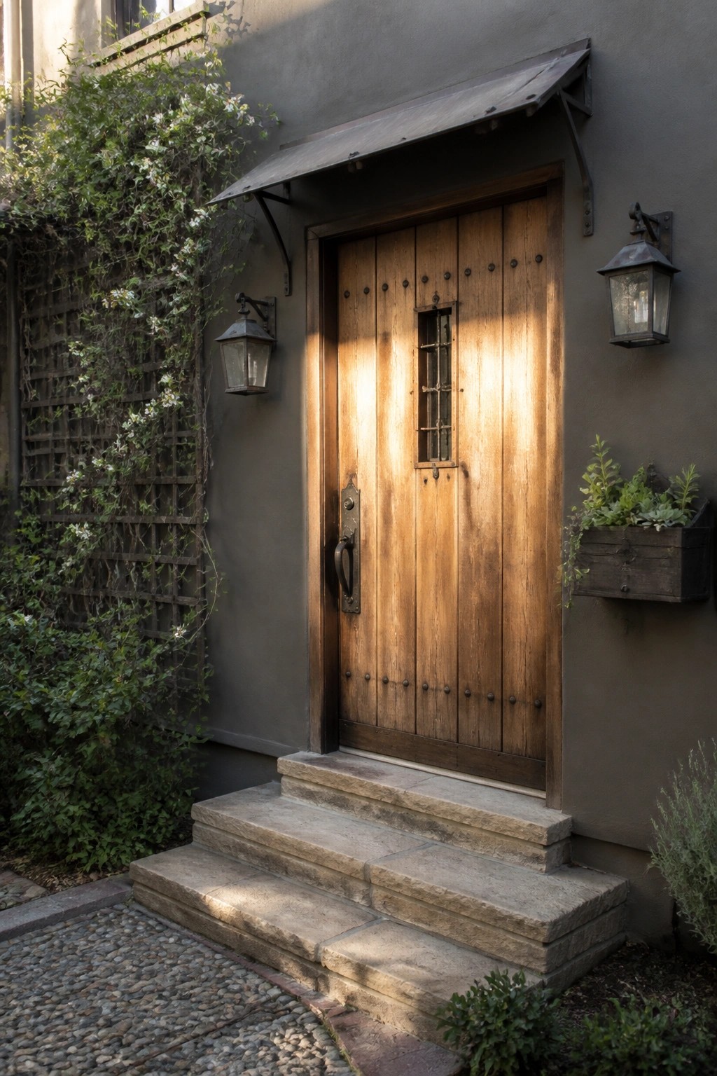 A wooden front door with vertical planks, metal rivets, and a small window, set under a metal awning with stone steps and wall lanterns.