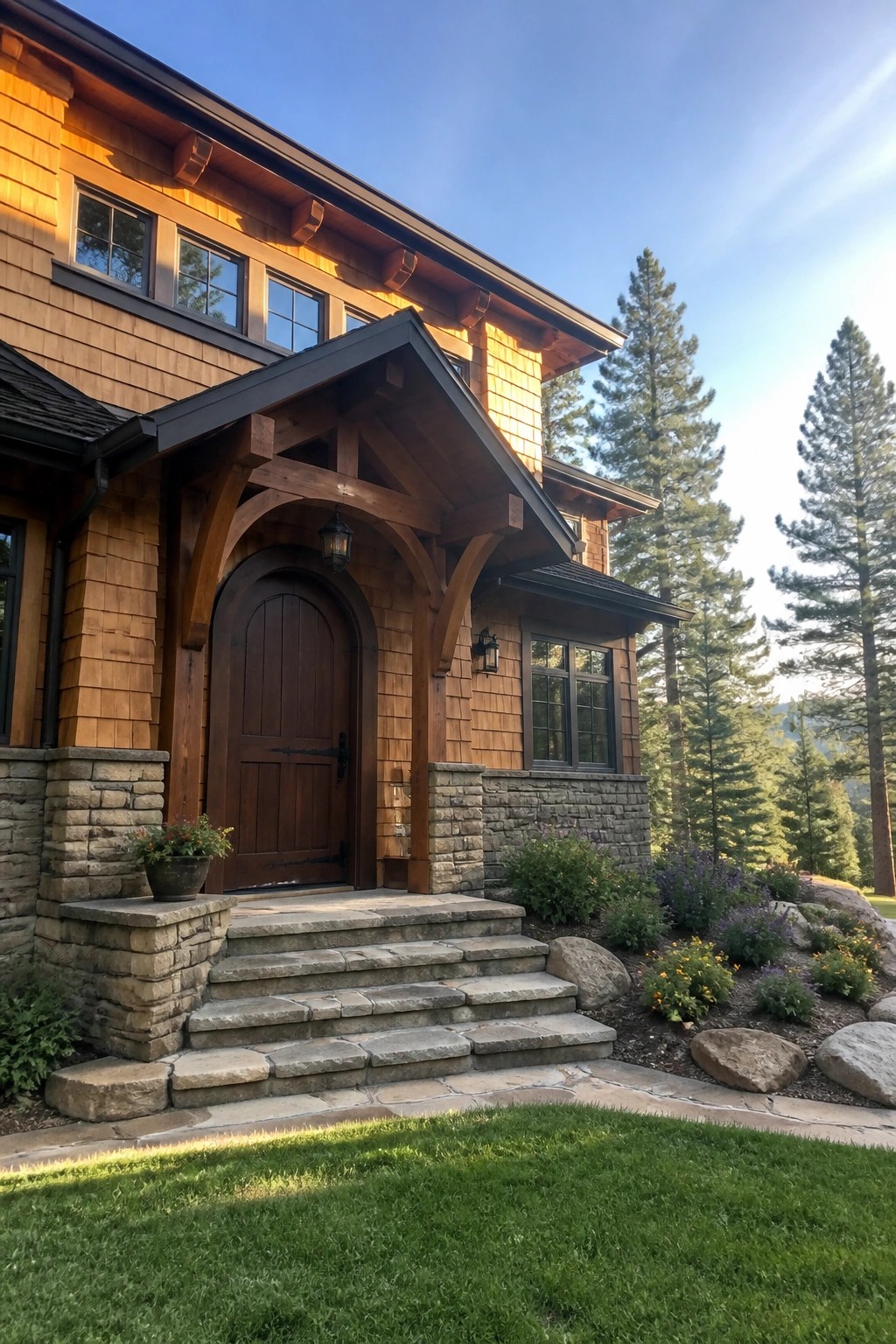 Wooden house with arched door, stone steps, flowers, and tall pine trees.