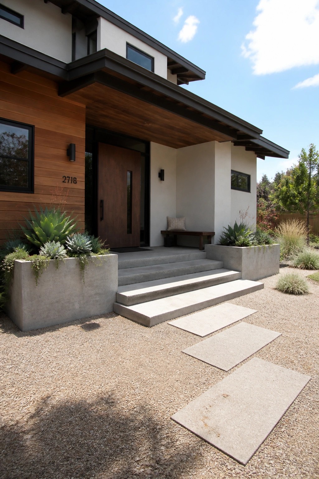 Modern house exterior with a prominent dark wood front door, concrete steps, and concrete planters holding succulents beside a gravel path.