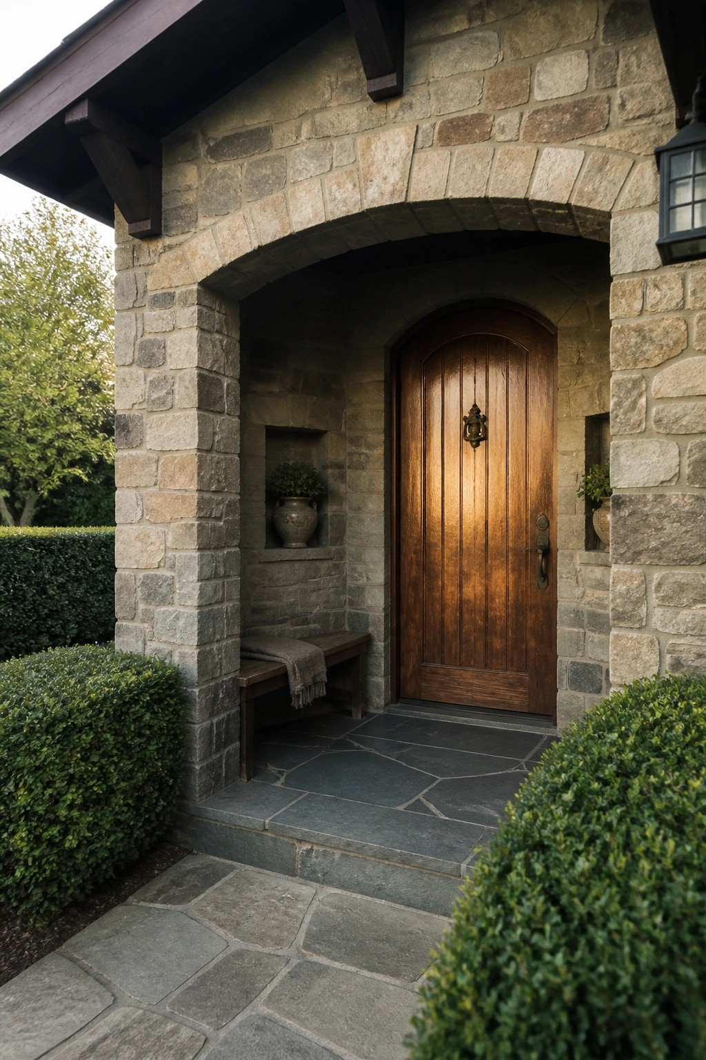 Stone arched entry with wooden door, bench, potted plants, and slate patio