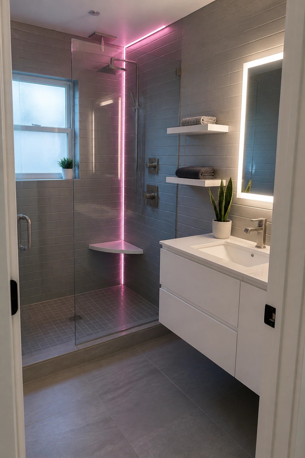 A modern bathroom with a glass-enclosed shower featuring pink LED strip lighting along the vertical edges and a floating white vanity with sink to the right.