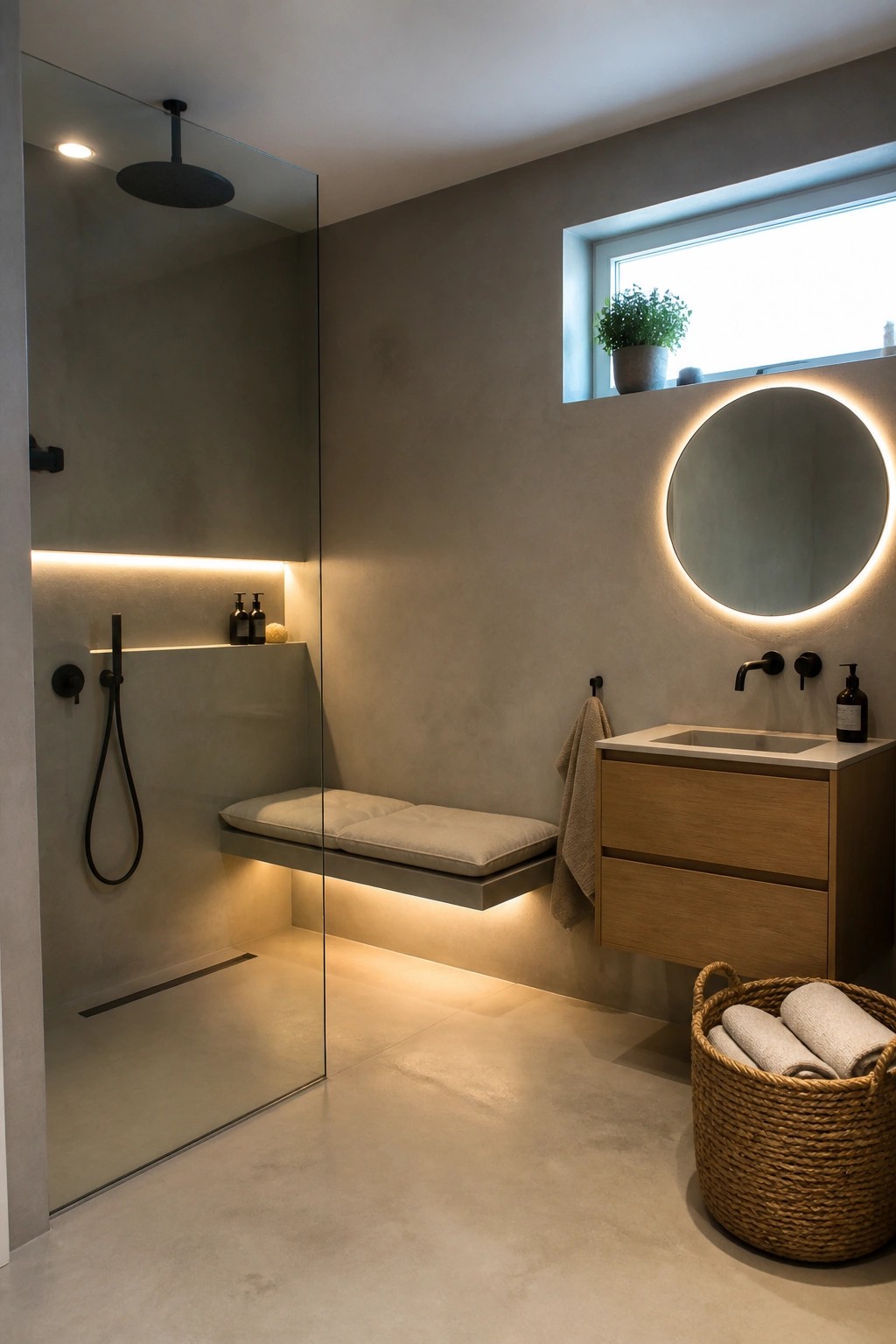 Modern bathroom with a glass shower enclosure containing a built-in bench lit by integrated LED strips underneath, a floating shelf with bottles, and a nearby vanity with a backlit round mirror.