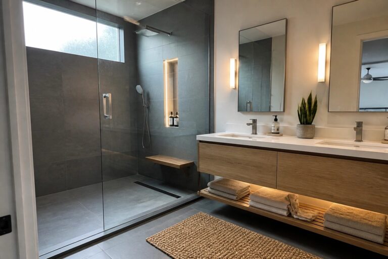 21 Breathtaking Luxury Shower Ideas With Integrated LED Lighting A modern bathroom with a glass-enclosed shower featuring a tall recessed niche lit by integrated LED strips, positioned next to a double vanity with light wood cabinetry.