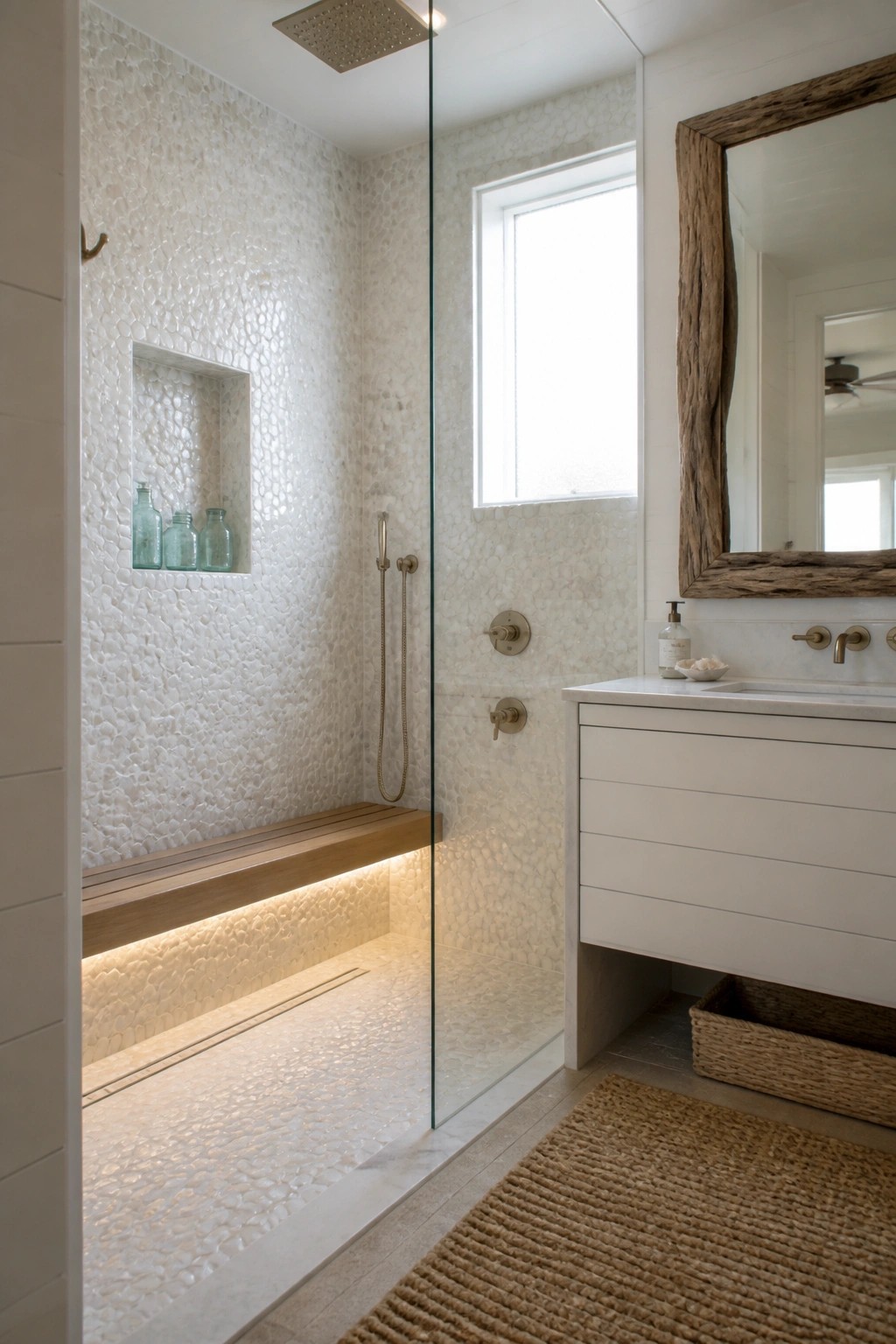 A walk-in shower with white pebble tile, a wooden bench lit from below by LED strips, and a glass door next to a white vanity.