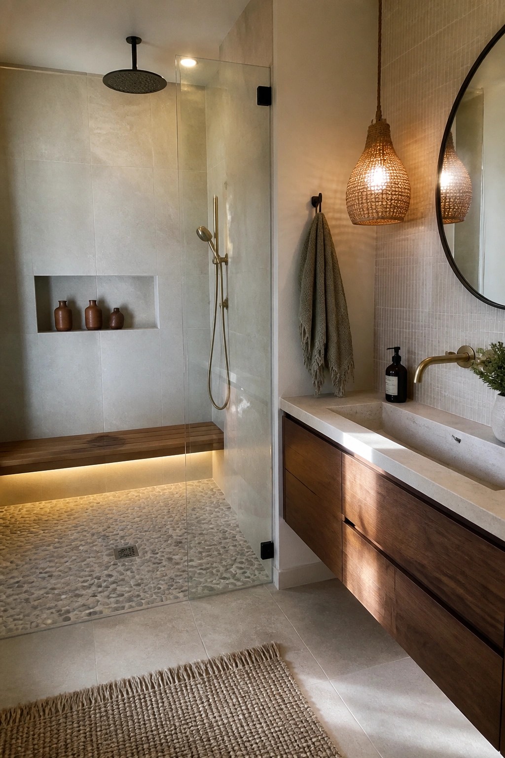 A modern walk-in shower with a wooden bench illuminated by under-bench LED lighting, pebble floor, and adjacent vanity area with stone sink and woven pendant lights.
