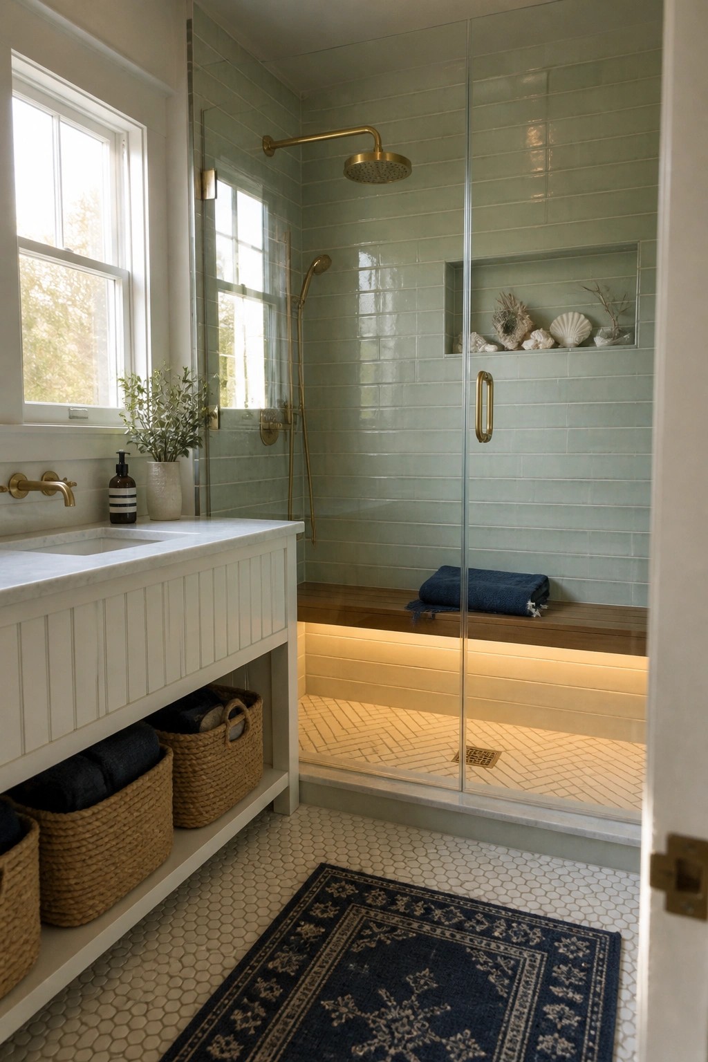 Modern bathroom with sage green tiled shower, brass fixtures, white vanity, and blue rug