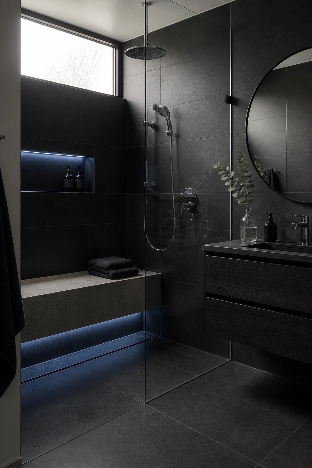 Modern dark-tiled bathroom with glass shower, floating vanity, concrete bench, and blue LED lights