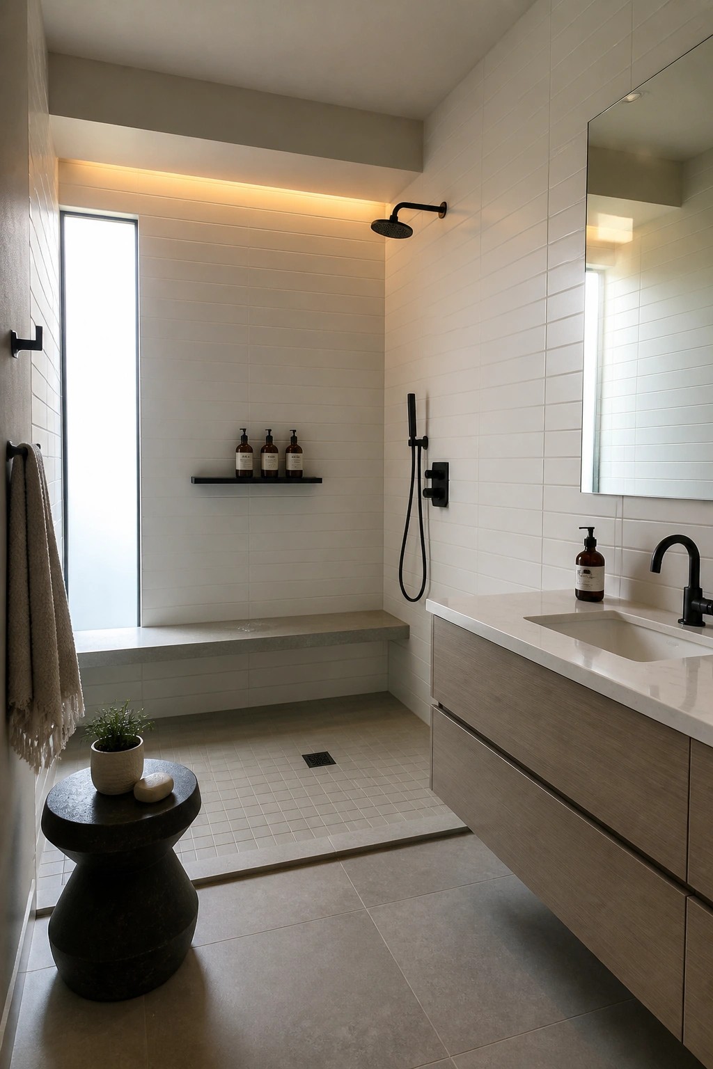 A modern bathroom shower with white horizontal tiles, a concrete bench, black fixtures, and a linear LED light strip along the top wall.
